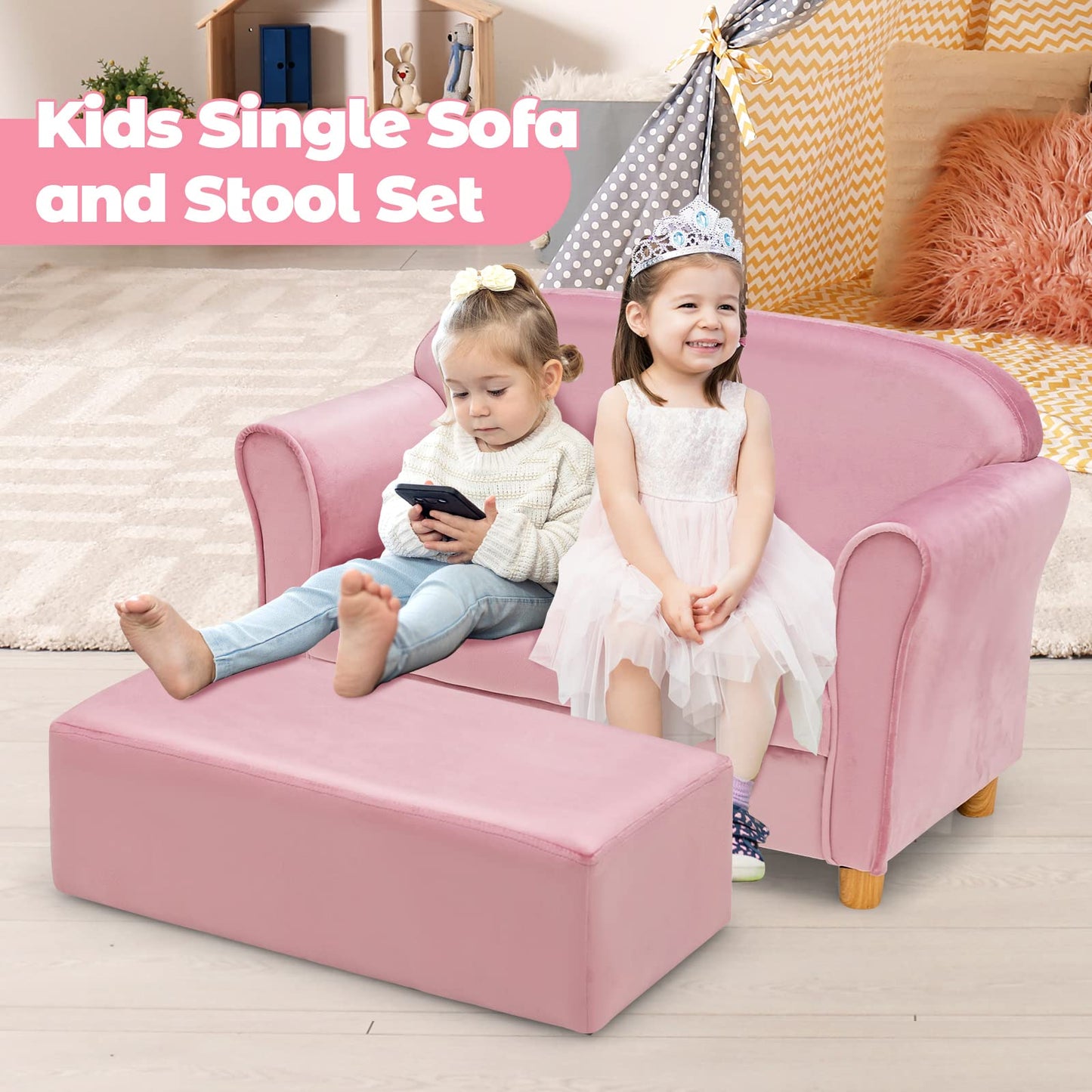 Kids Sofa with Ottoman, 2 Seat Toddler Upholstered Couch