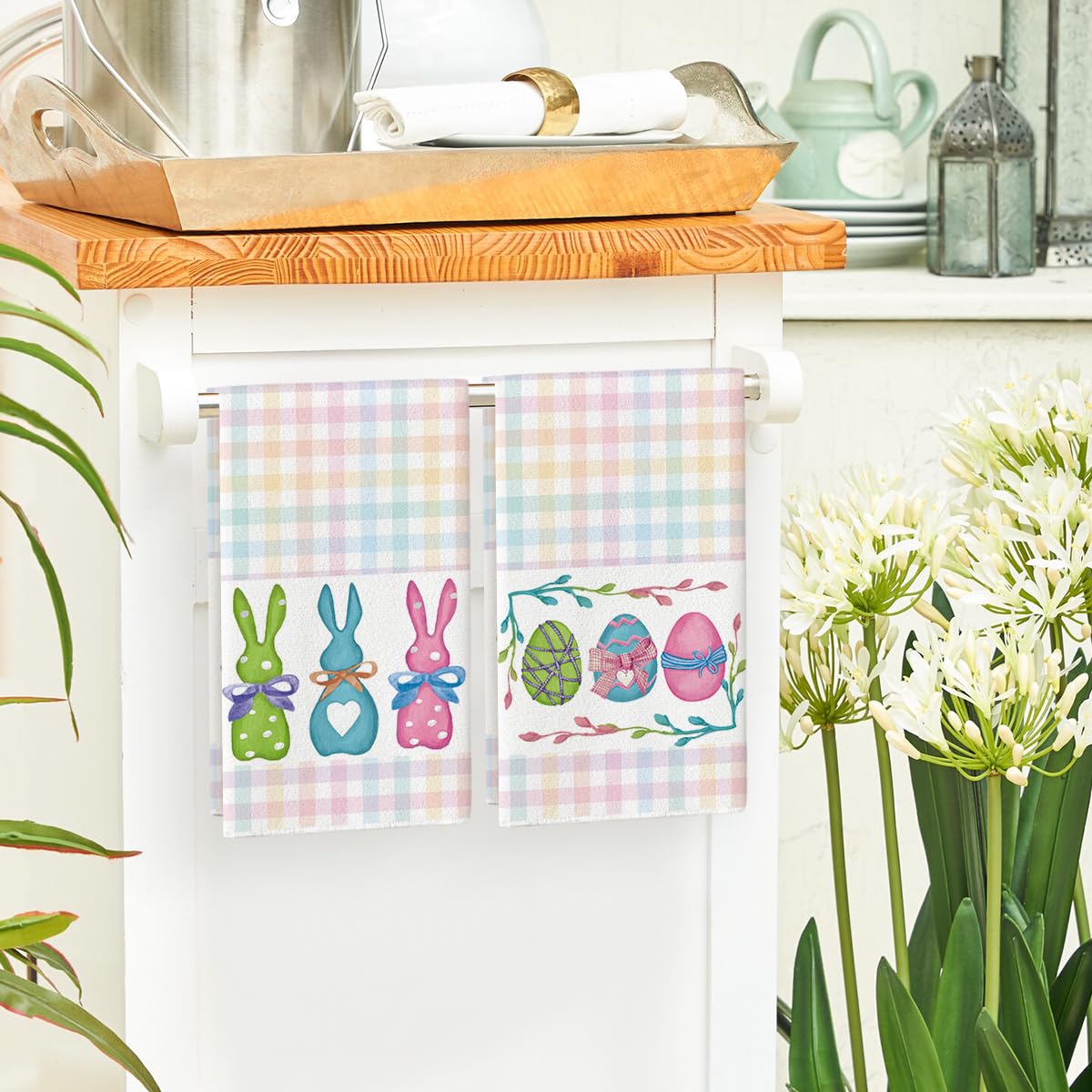 Stripe Rabbit Bunny Eggs Easter Kitchen Towels Dish Towels, Set of 2