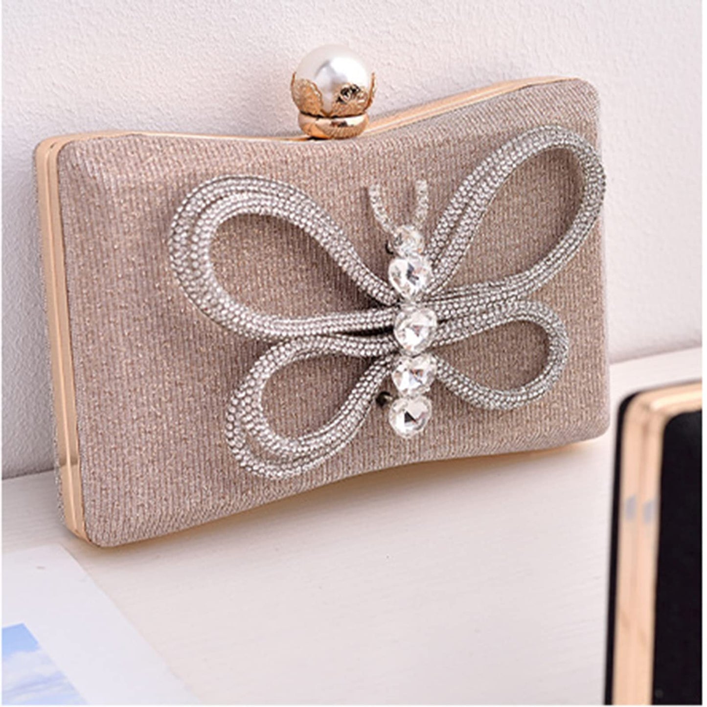 Sparkly Rhinestone Butterfly Clutch – Elegant Evening Bag with Pearl Clasp for Women, Formal Events, Prom & Parties