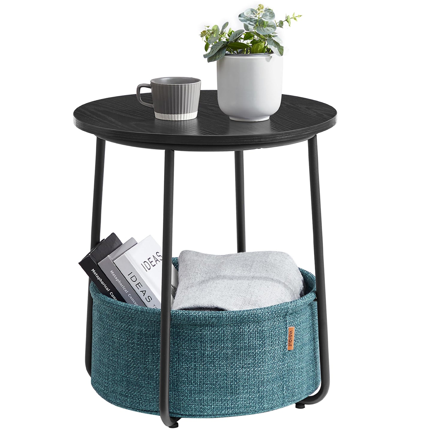 Small Bedside Table with Fabric Basket, Modern Nightstand, Round Side Table