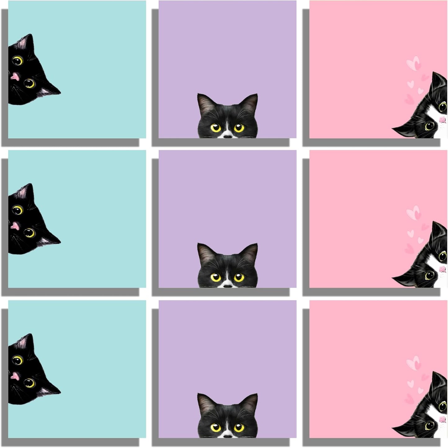 Sticky 9-Pad Black Cat Notes Set – Pink 3x3" Self-Stick Memo Pads for Cat Lovers