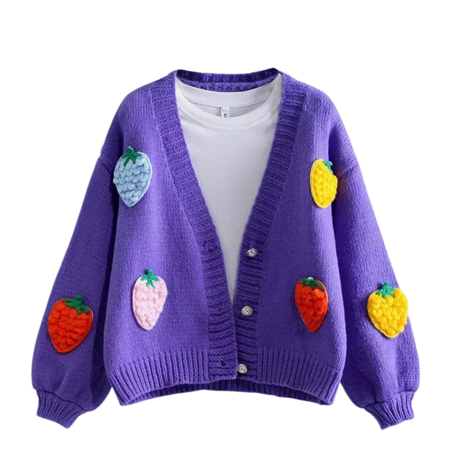 Women’s Kawaii Strawberry Embroidered Cardigan Long Sleeve V Neck Chunky Knitted Cardigans