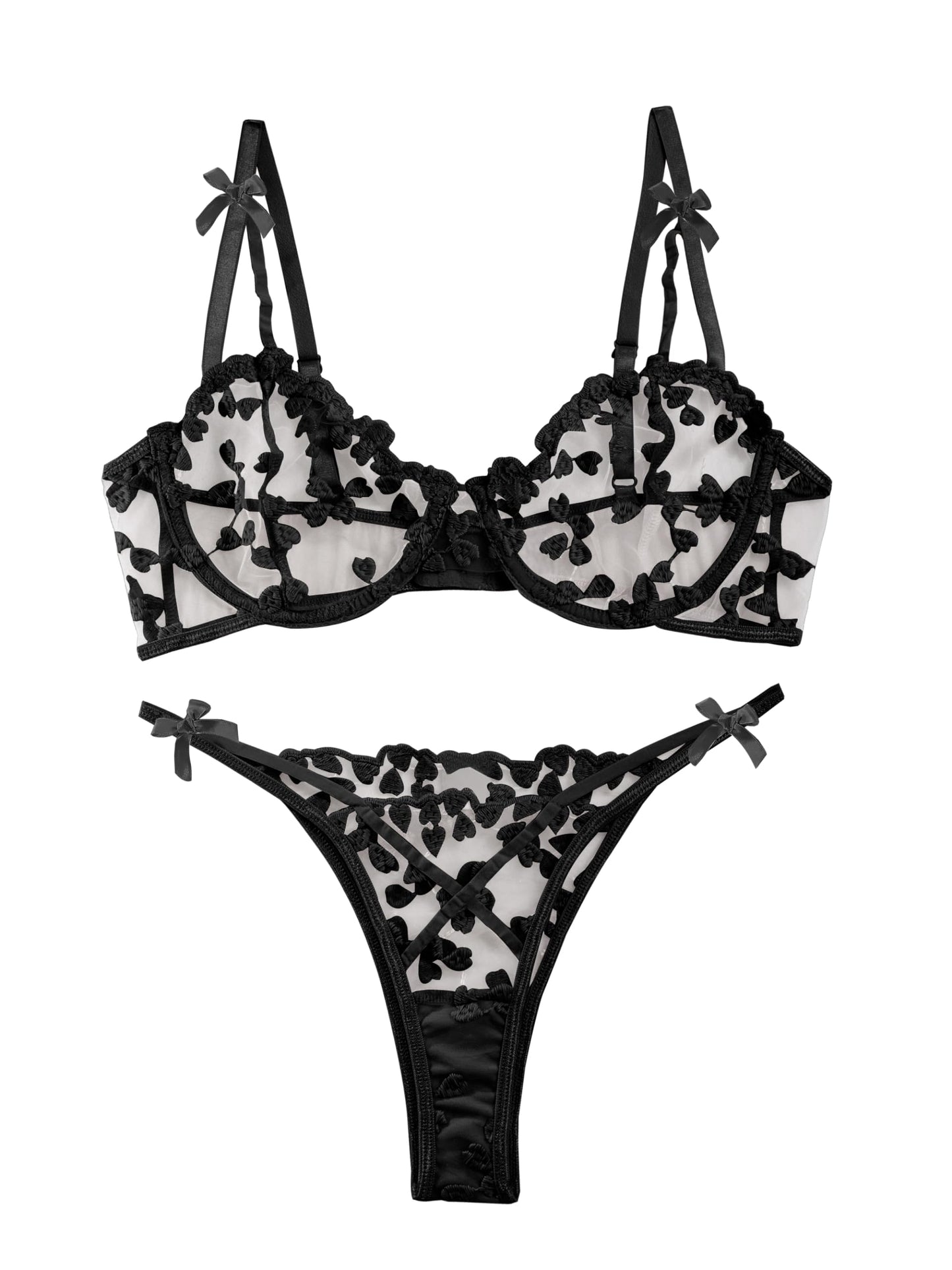 Sexy Embroidered Mesh Lingerie Set – Sheer Strappy Push-Up Bra & Panty