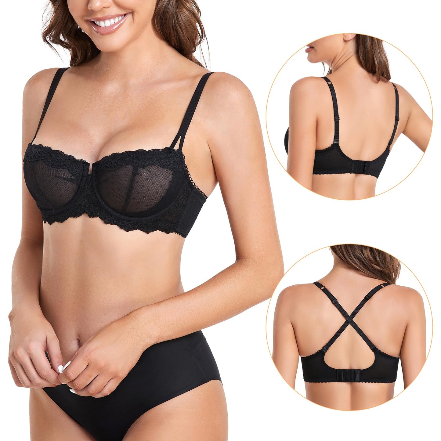 DotVol Women's Push Up Unlined Lace Sheer Underwire Multiway Everyday Bra