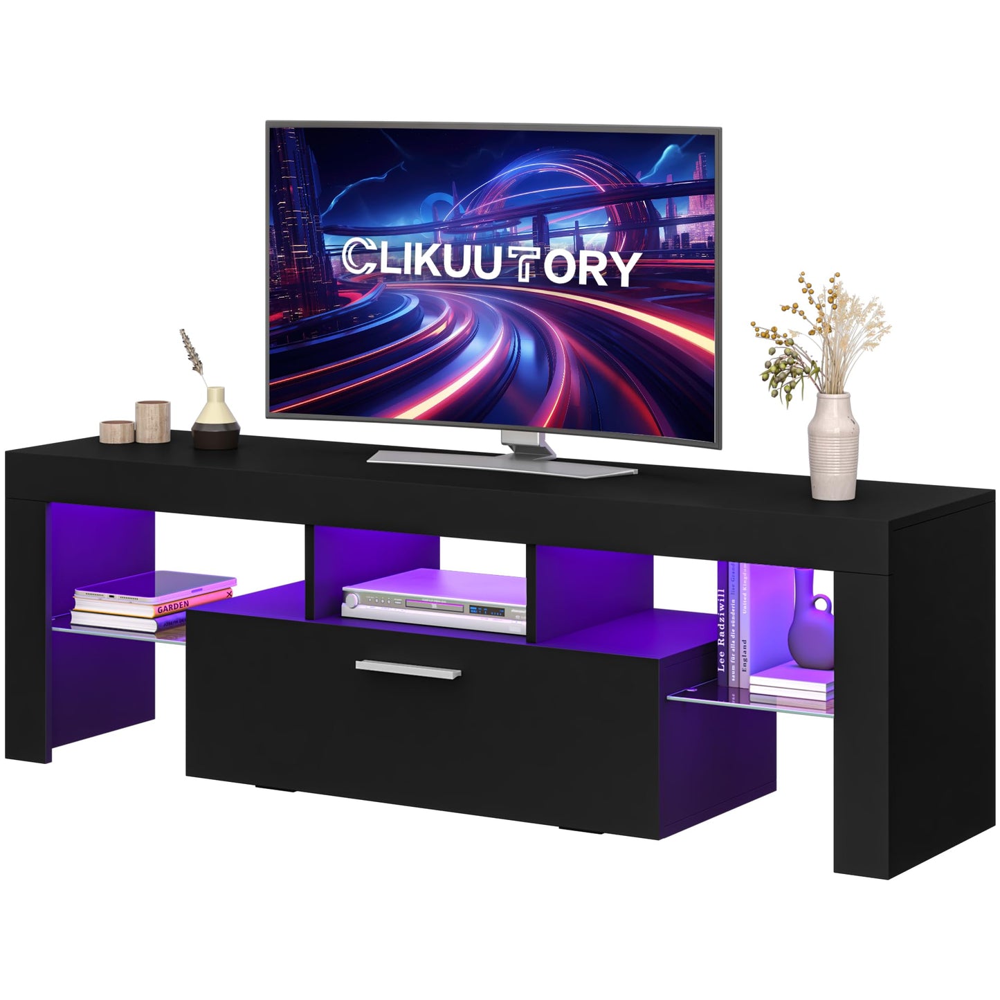 LED TV Stand with Large Storage Drawer -  Modern High Gloss TV Console Table with Entertainment Center