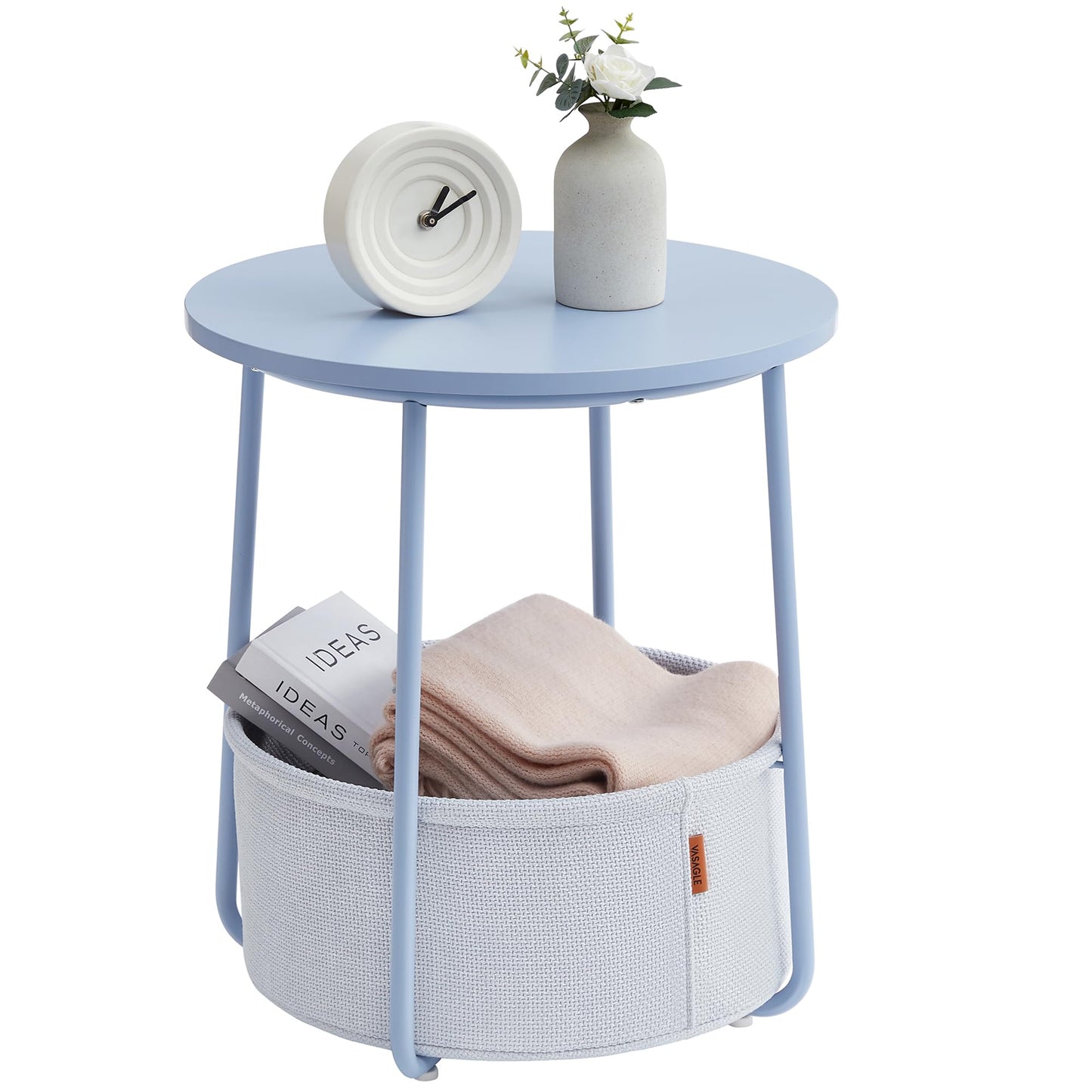 Small Bedside Table with Fabric Basket, Modern Nightstand, Round Side Table