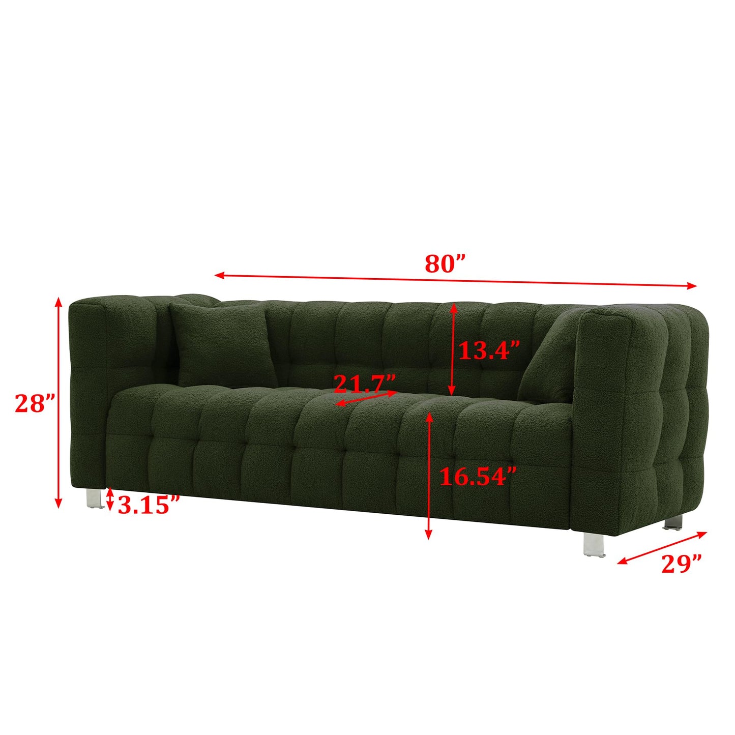 Modern Sofa Couch with Metal Legs Upholstered Tufted 3 Seater Couch with 2 Pillows Decor