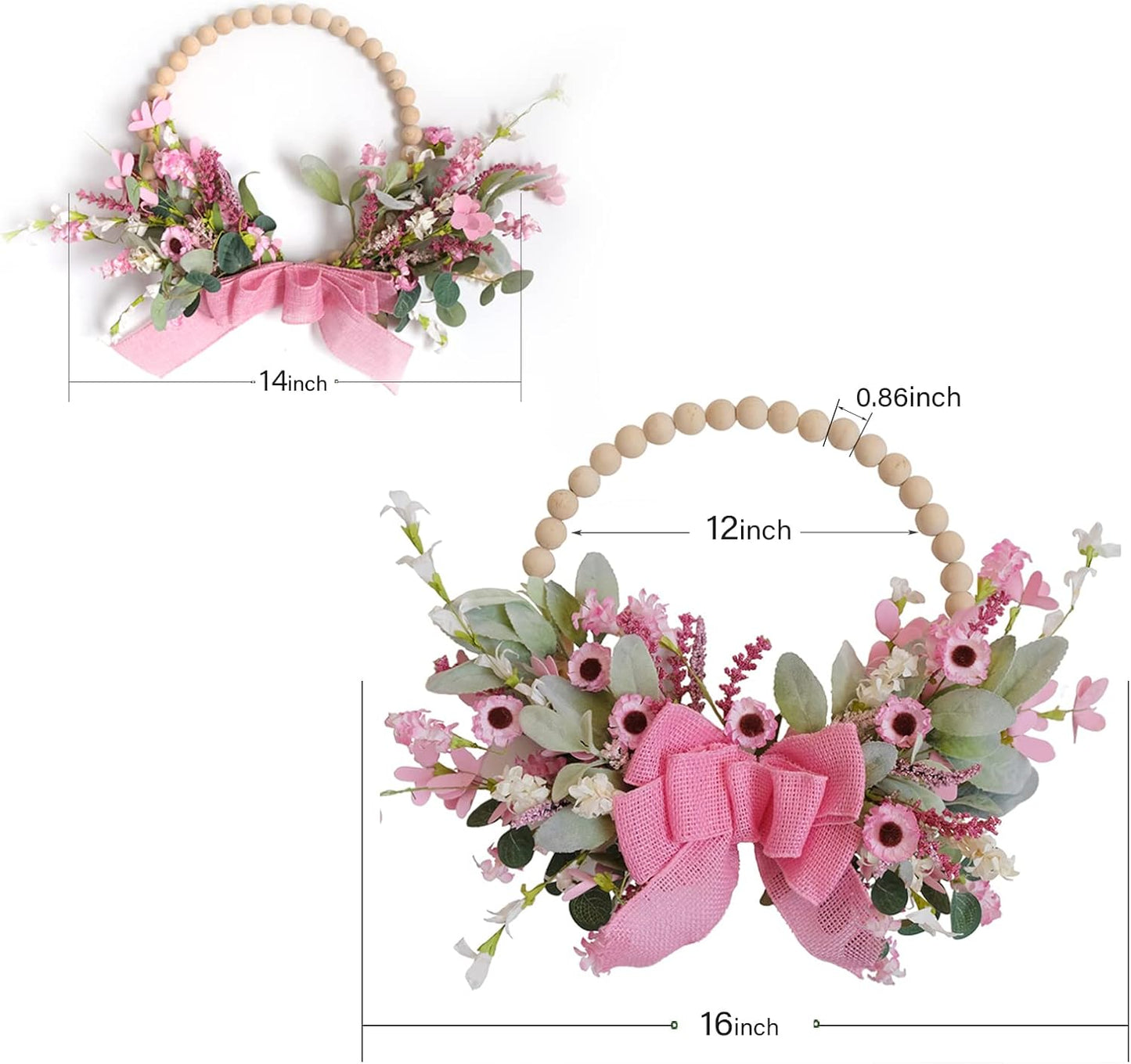 Spring Pink Daisy Burlap Bow Wreath Wooden Beaded Door Wreath