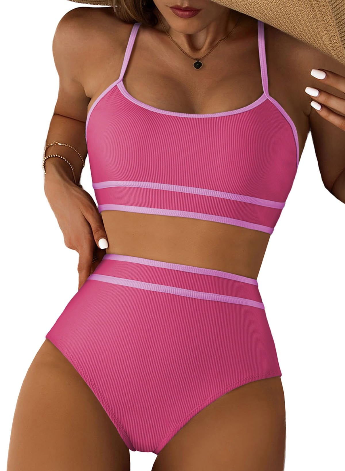 Womens Bikini Sets Ribbed Color Block Swimsuit Scoop Neck Bathing Suit