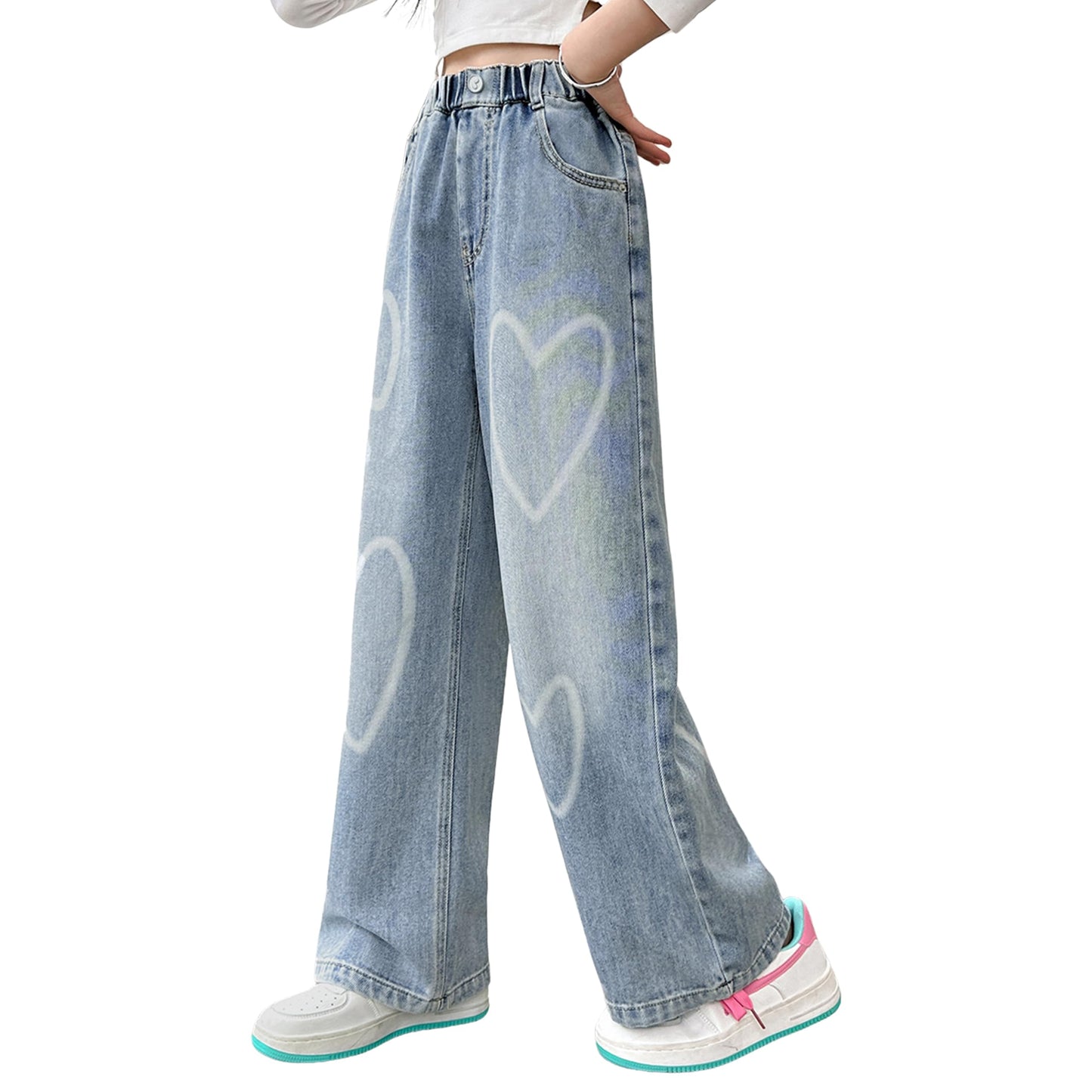 Girls Jeans Denim Elastic Wasit Wide Leg Baggy Pants