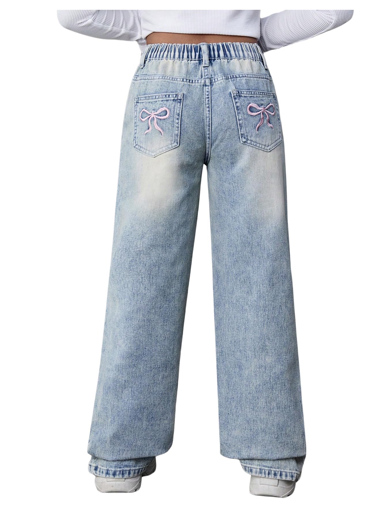 Girl's Bow Print Back Zipper Fly Elastic High Waist Denim Pants Basic Wide Leg Jeans