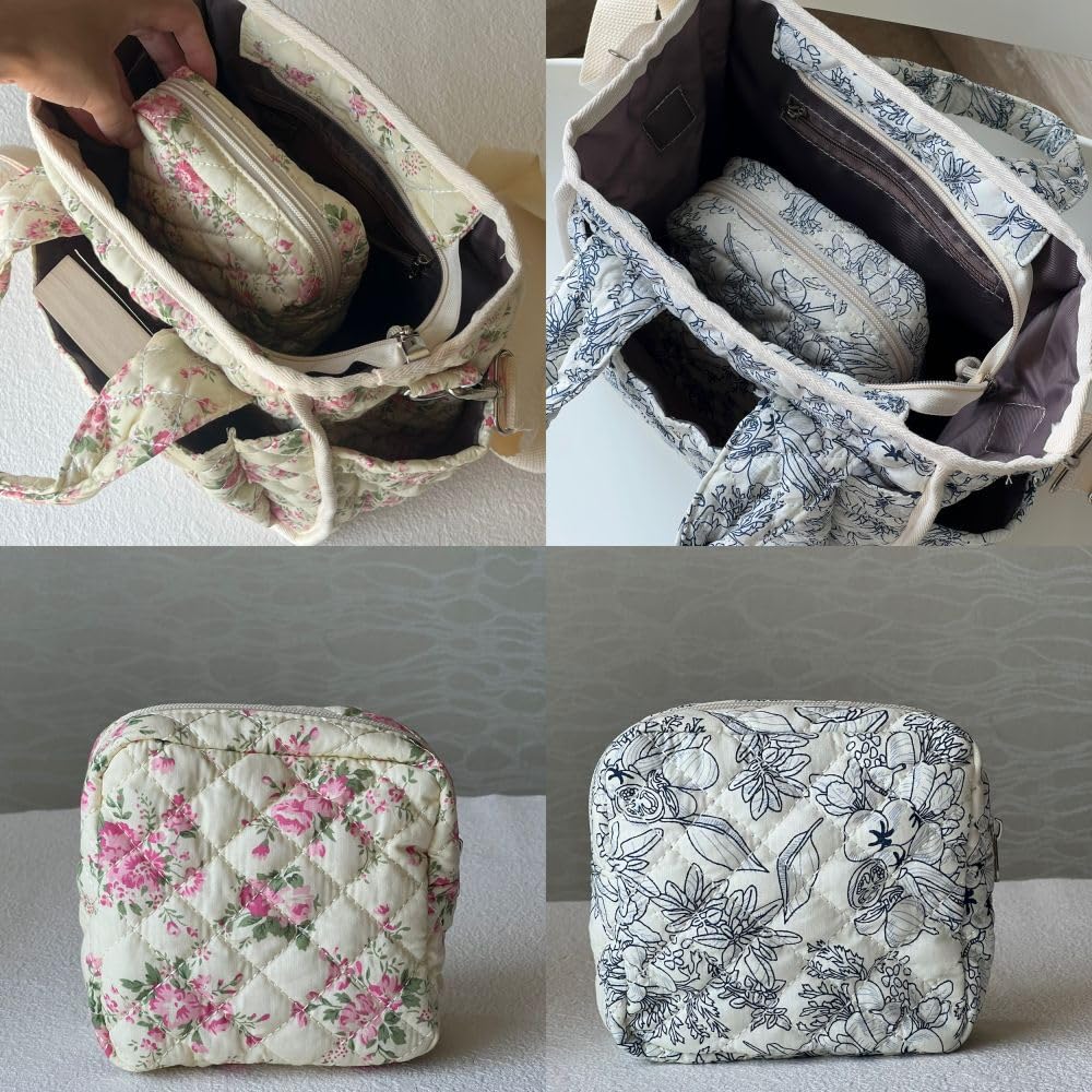 Small Floral Quilted Tote Bag - Cute Crossbody Shoulder Purse with Pockets