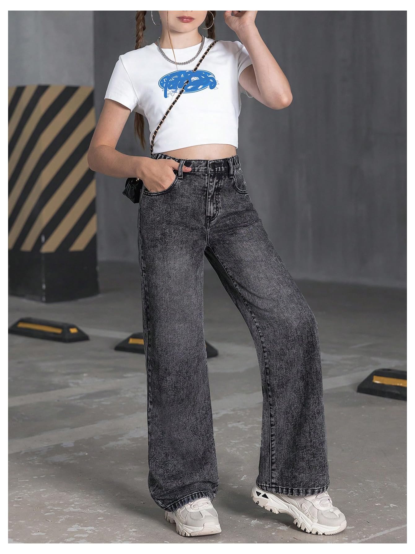 Girl's Bow Print Back Zipper Fly Elastic High Waist Denim Pants Basic Wide Leg Jeans