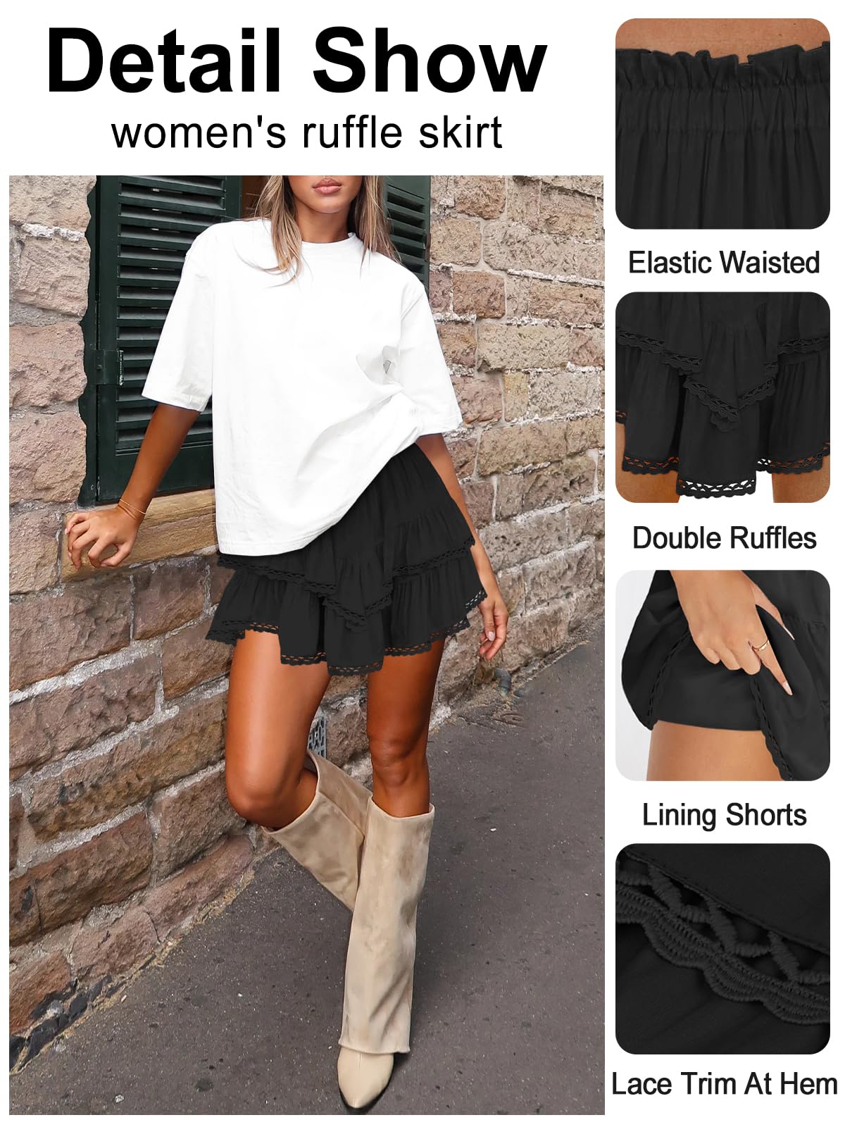 Women's High Waist Ruffle Mini Skirt Lace Trim Flowy Shorts