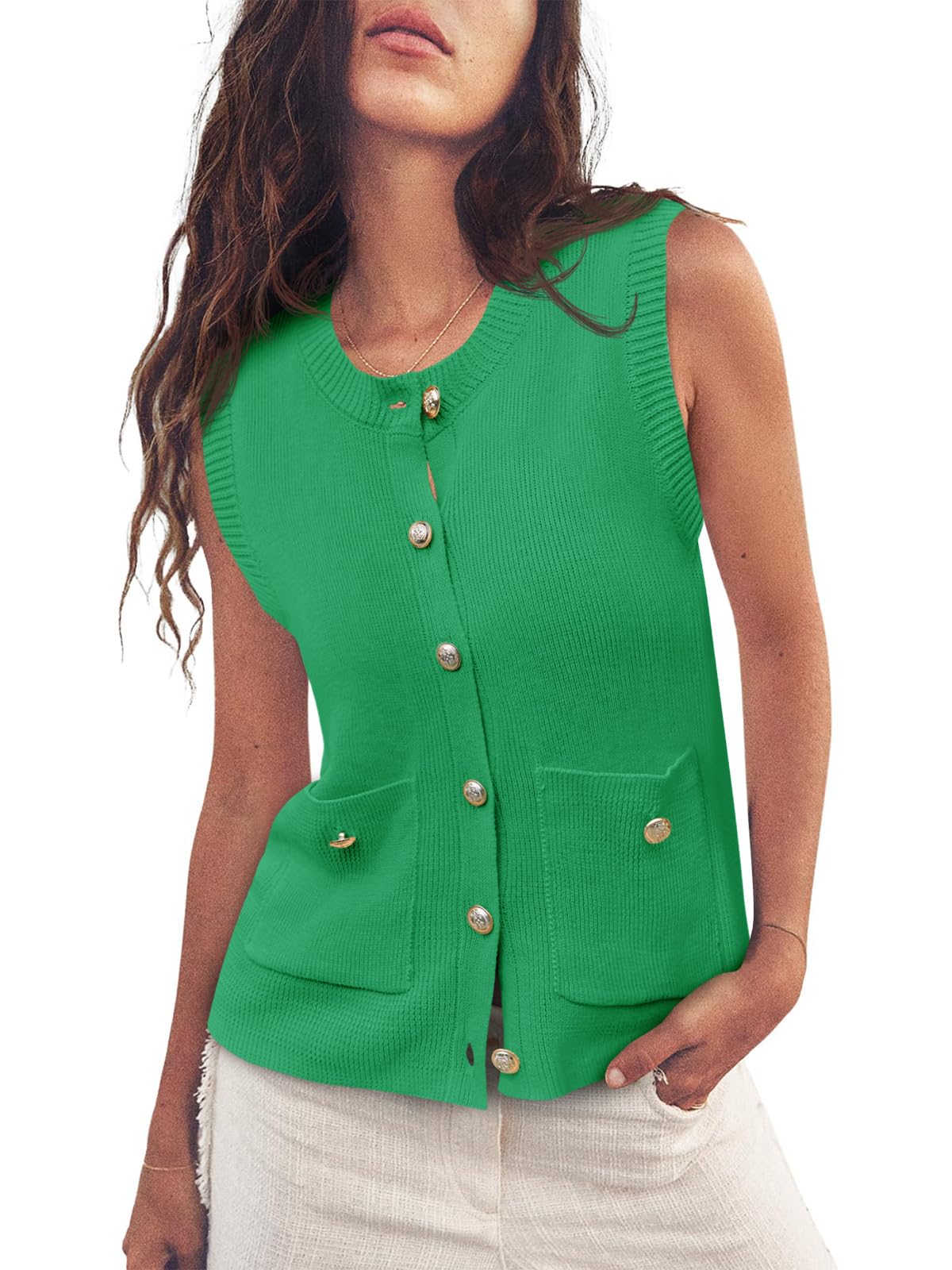 Cropped Sweater Vest Sleeveless Button Ribbed Knit Crew Neck Cardigan Vests Top with Pockets