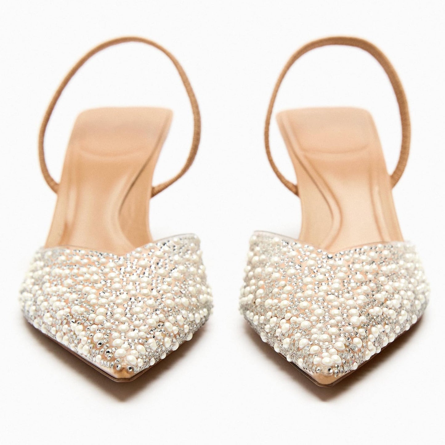 Women's Sparkly Rhinestone Slip On Clear Slingback Kitten Heels with Pearl Studded Pointed Toe