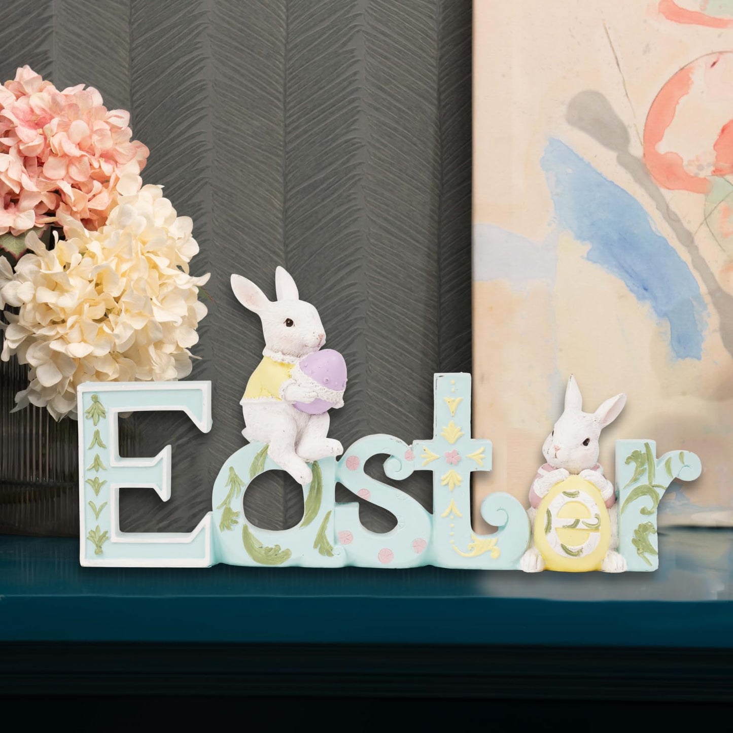 Easter Tabletop Decoration Figurine Centerpiece - Spring Bunny Decor Hand Painted