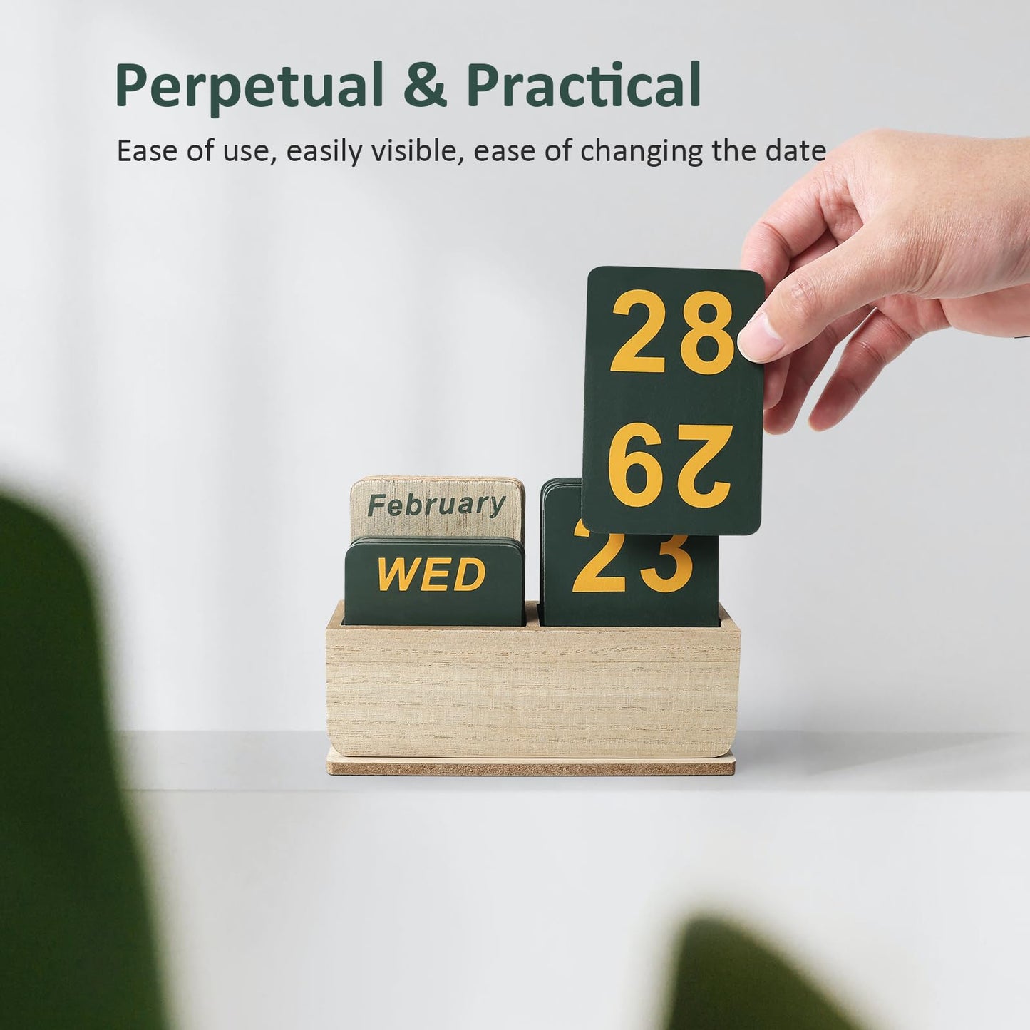 Wooden Block Perpetual Calendar for Desk, Daily Desktop Standing Flip Calendar with Large Display