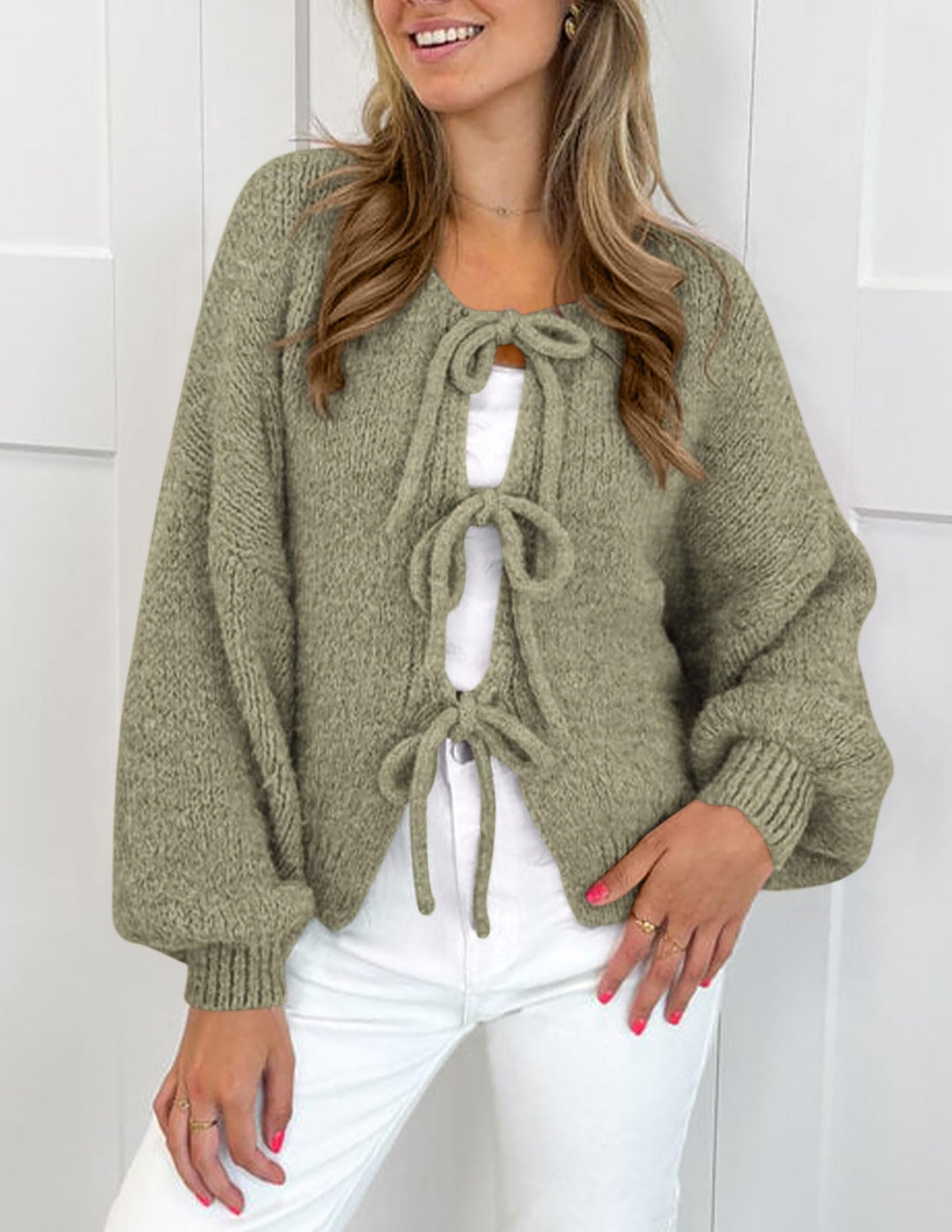 Women's Tie Front Bow Cardigan Sweaters Chunky Knit Long Puff Sleeve