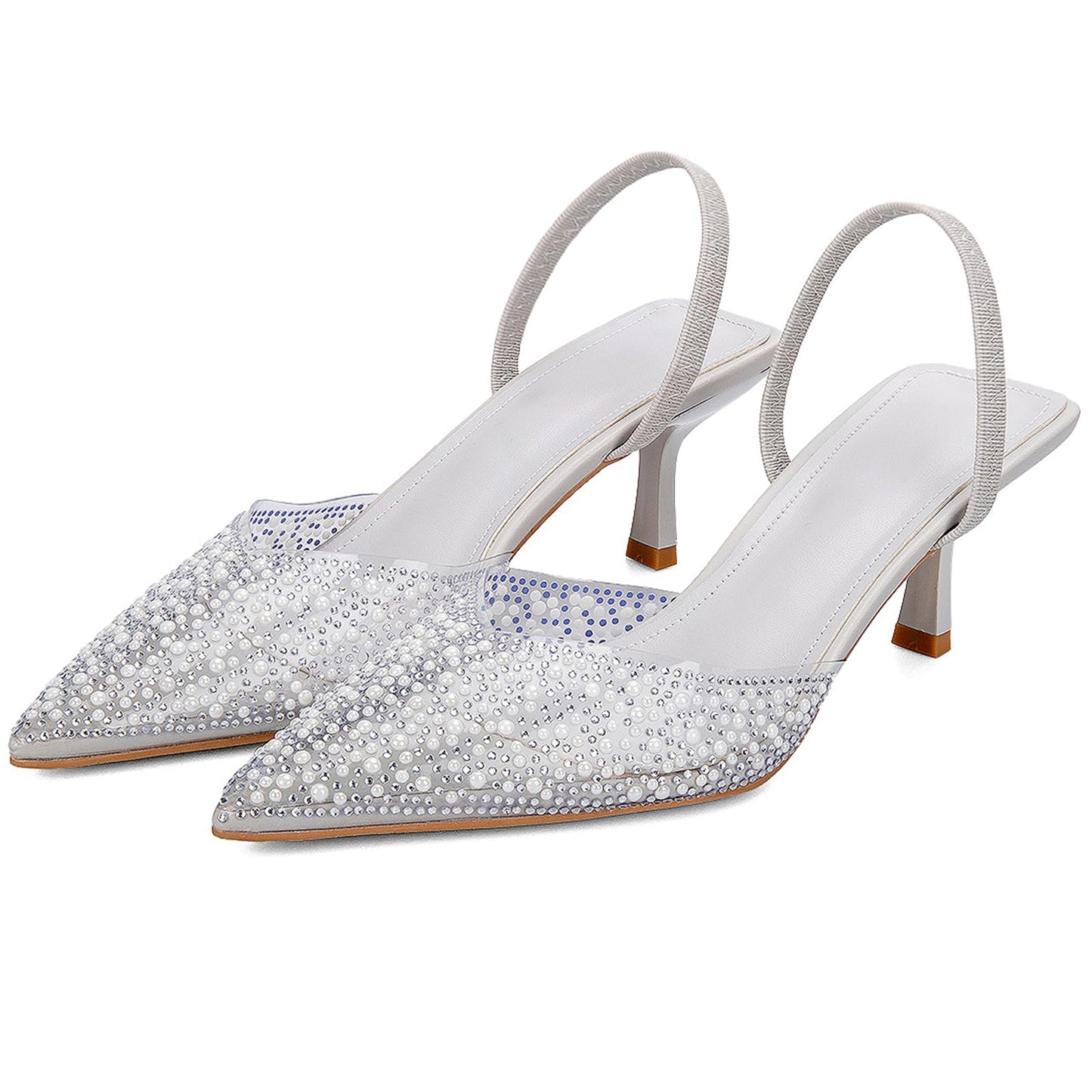 Women's Sparkly Rhinestone Slip On Clear Slingback Kitten Heels with Pearl Studded Pointed Toe