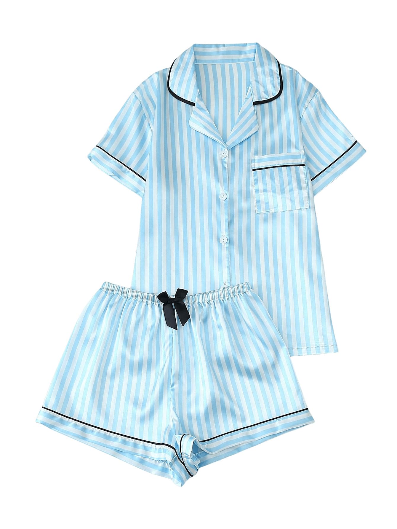 Coquette Bow Tie Women's 2 Piece Satin Striped Pajama Set Short Sleeve Button Down Top and Shorts Sleepwear