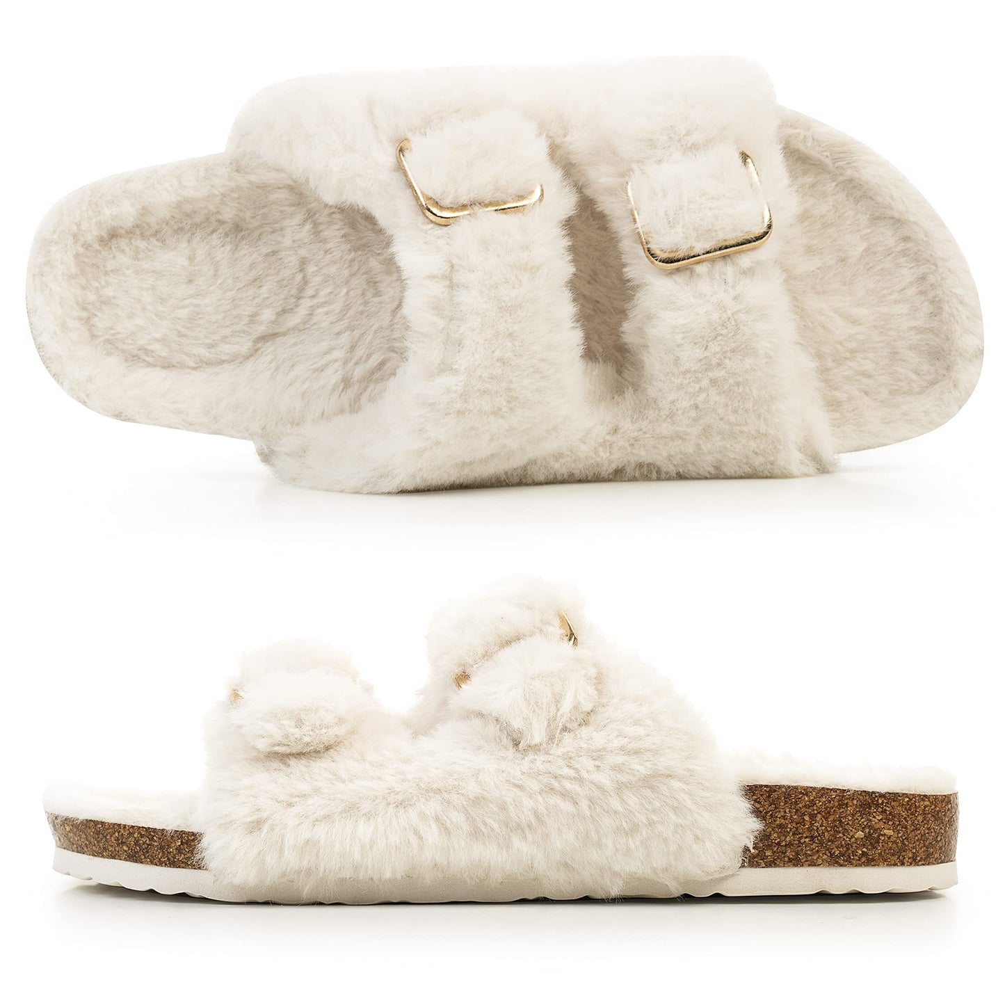 Womens Open Toe Slipper with Cozy Lining, Faux Fur Slide Sandals