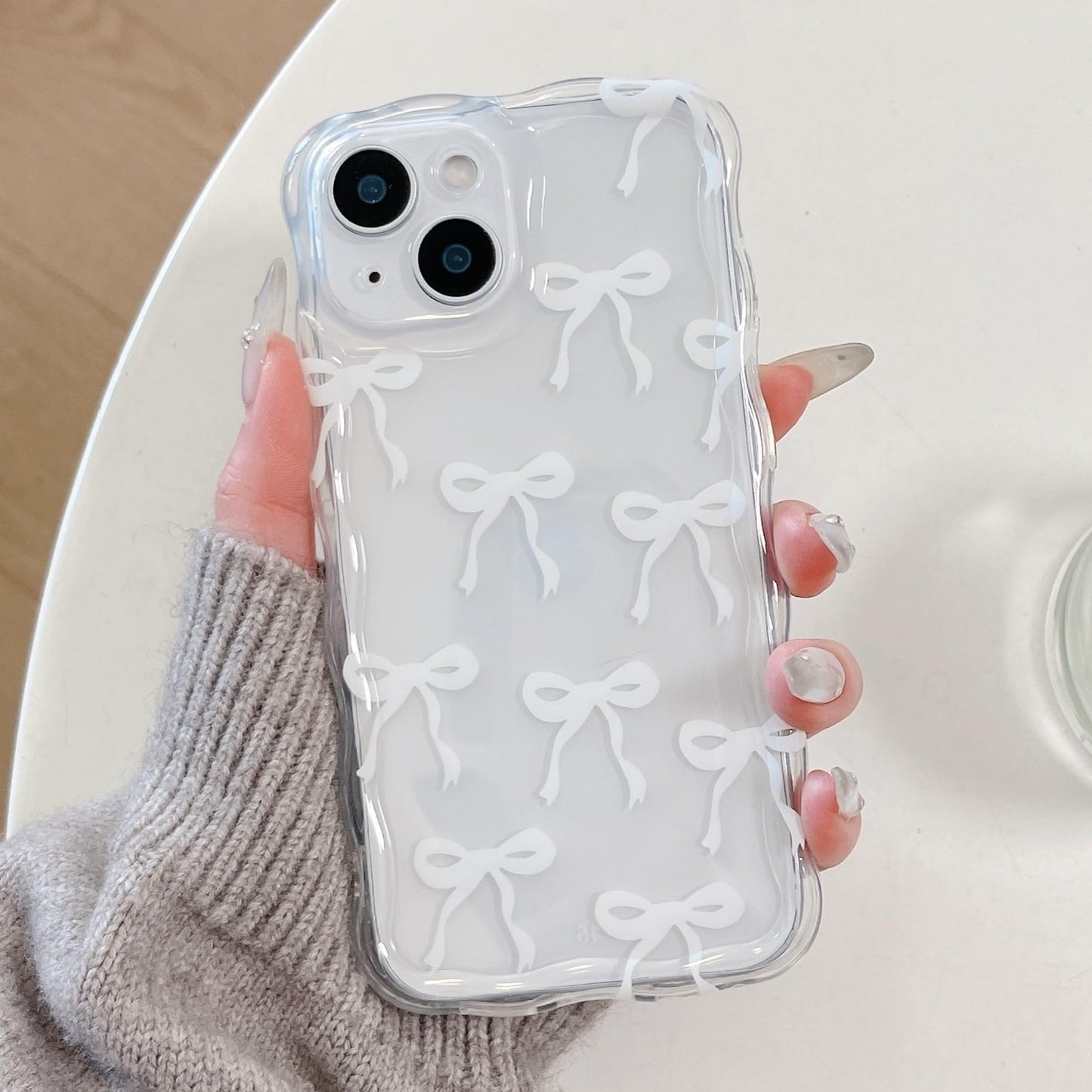 Cute Ribbon Bows Case for iPhone, Wavy Curly Frame Clear Transparent Soft Silicone TPU Bumper Shockproof Protective Cover