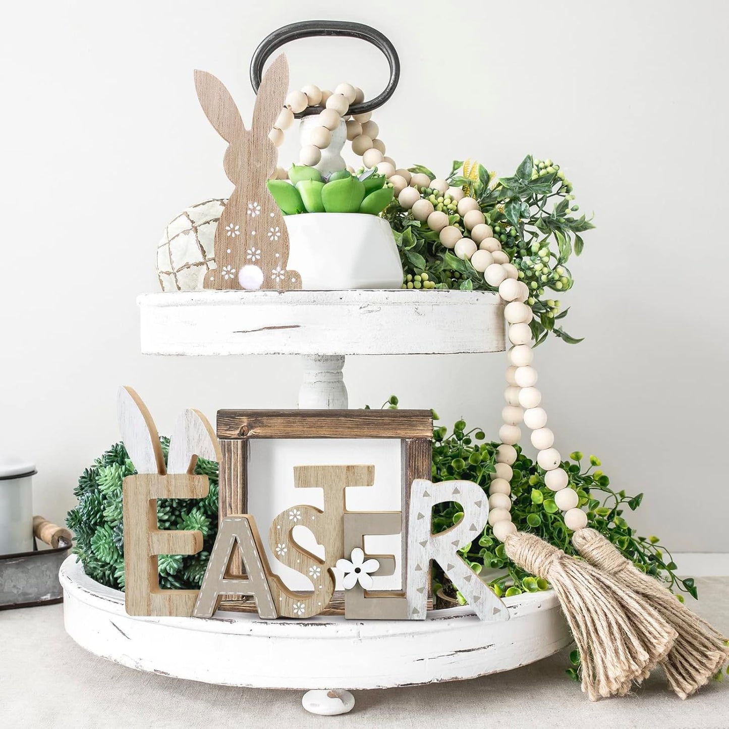 Easter Table Decor - Rustic Wooden Bunny Tiered Tray