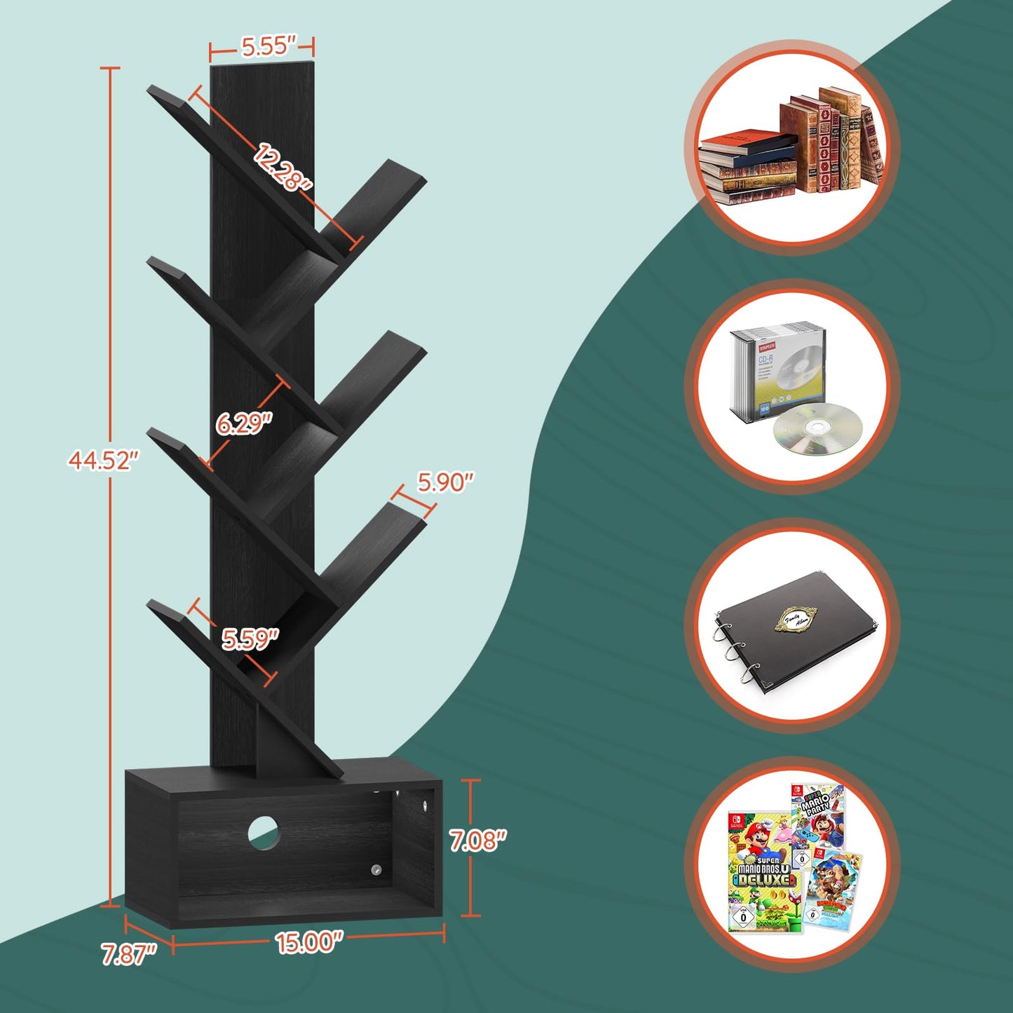 Tree Bookshelf - 6 Shelf Retro Floor Standing Bookcase, Tall Wood Book Storage Rack