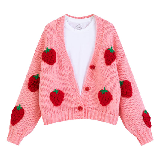 Women’s Kawaii Strawberry Embroidered Cardigan Long Sleeve V Neck Chunky Knitted Cardigans