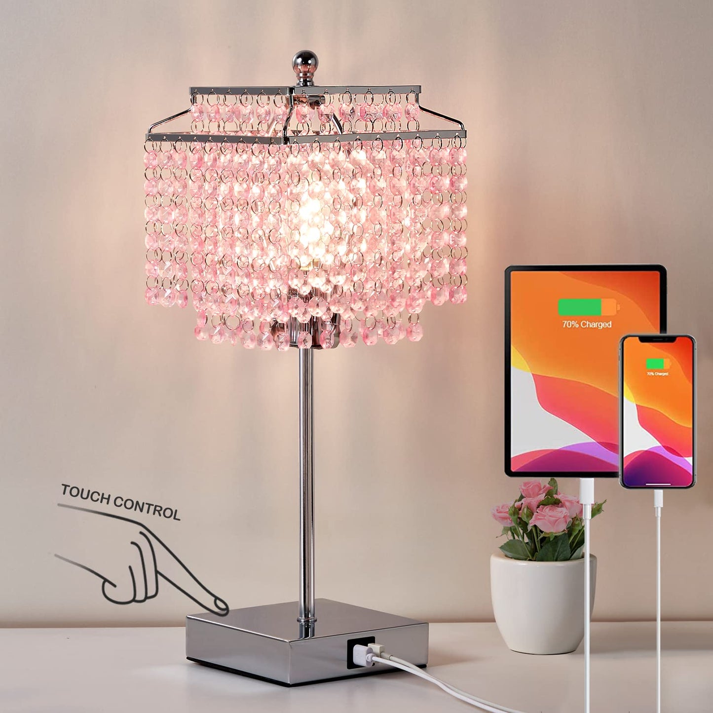 Luvkczc Set of 2 Bedside Pink Crystal Table Lamp, Touch Control Crystal Lamp, 3-Way Dimmable Lamp with Crystal Shade for Bedroom, Girl Living Room, 6W B11 Bulb Included