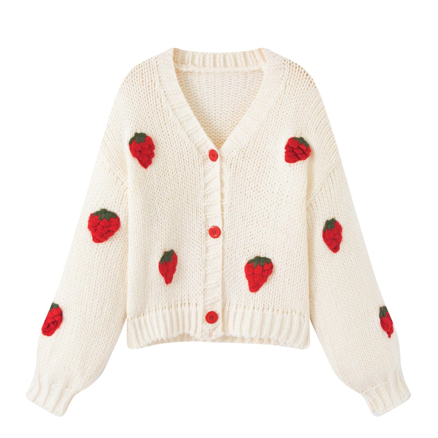 Women’s Kawaii Strawberry Embroidered Cardigan Long Sleeve V Neck Chunky Knitted Cardigans