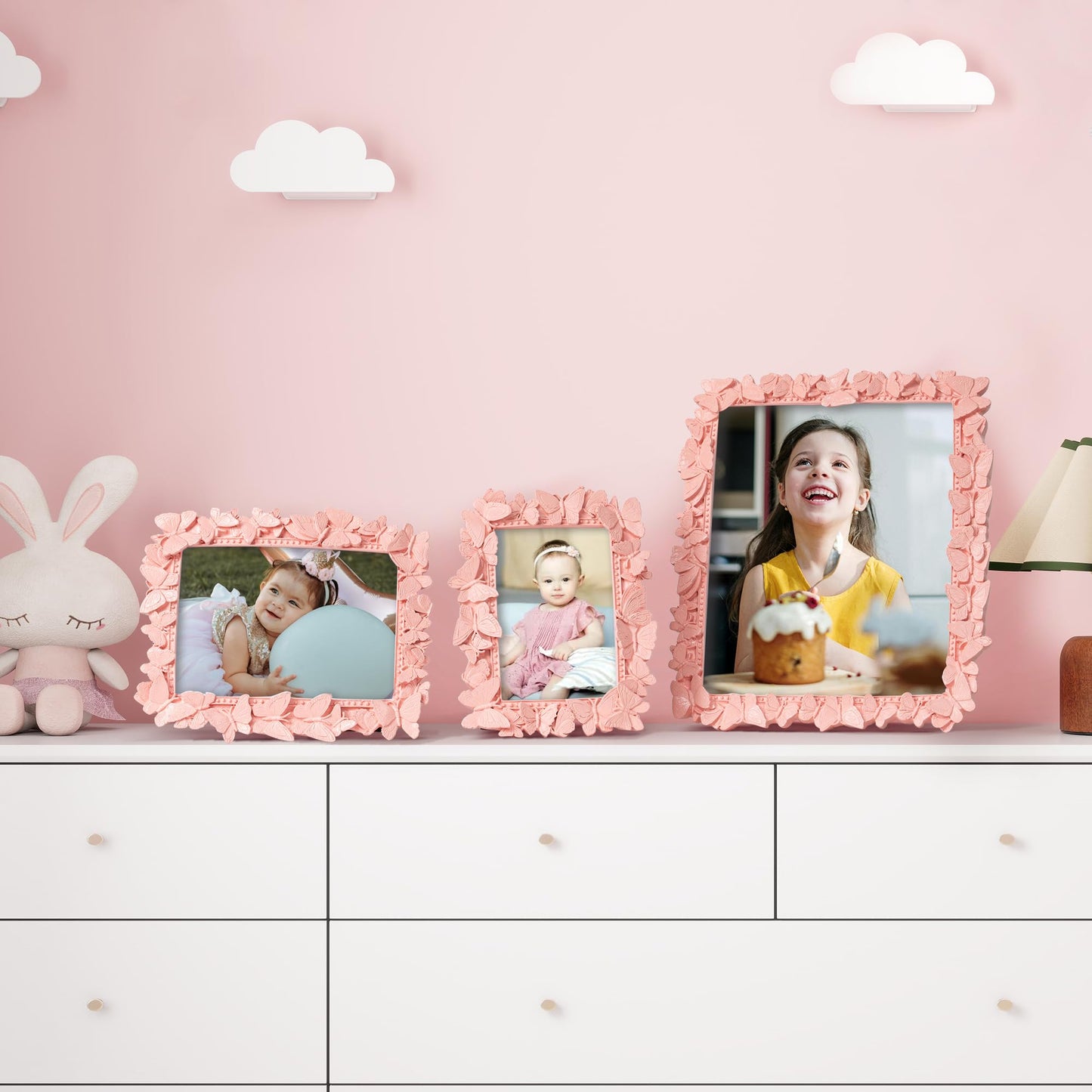 Picture Frame with High Tempered Glass, Butterfly Textured Hand-Crafted Resin Cute Photo Frame with Easel & Hook for Tabletop & Wall Display