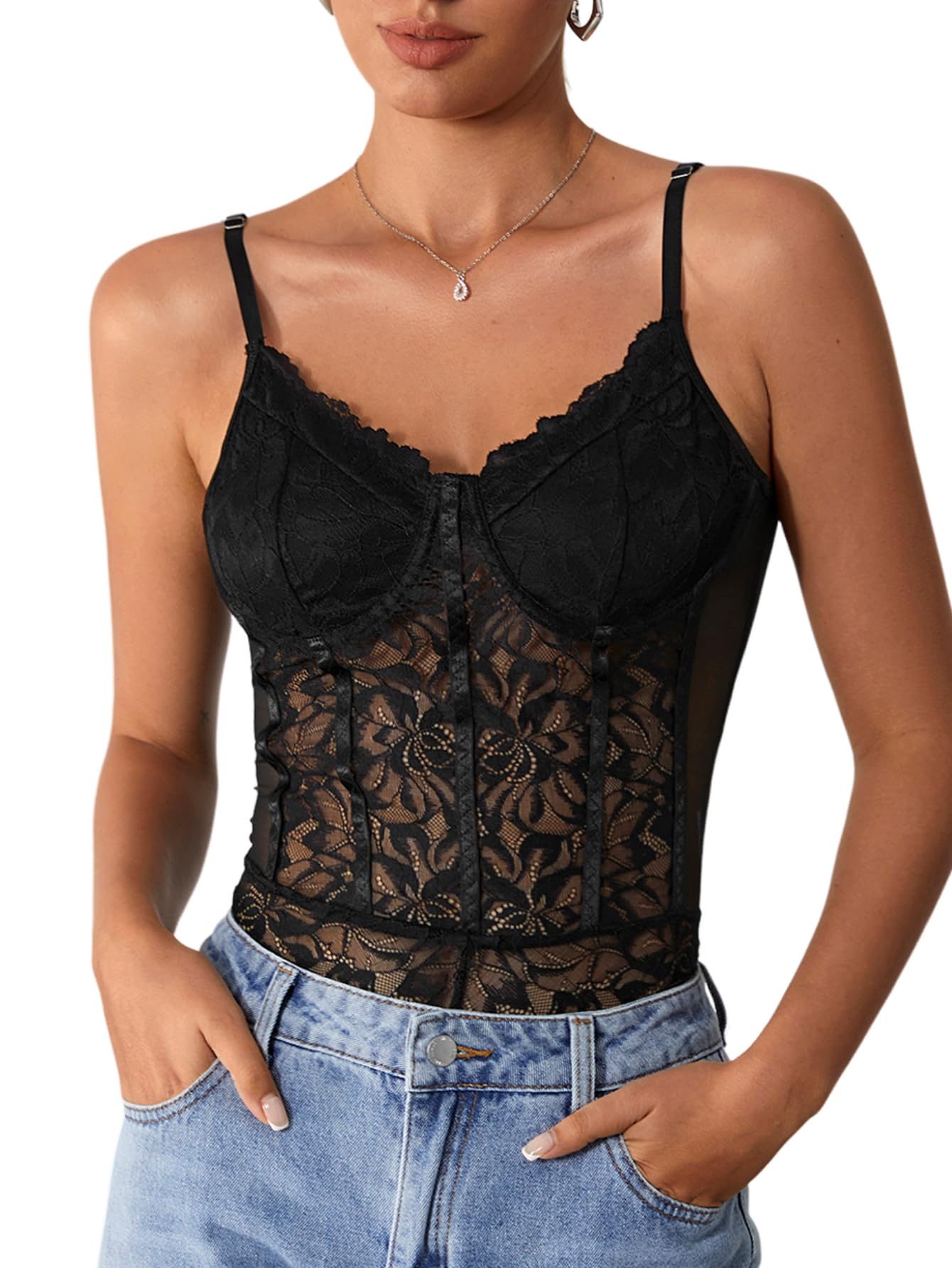 Sexy Floral Lace Sheer Mesh Corset Bodysuit Spaghetti Strap Cami Tops