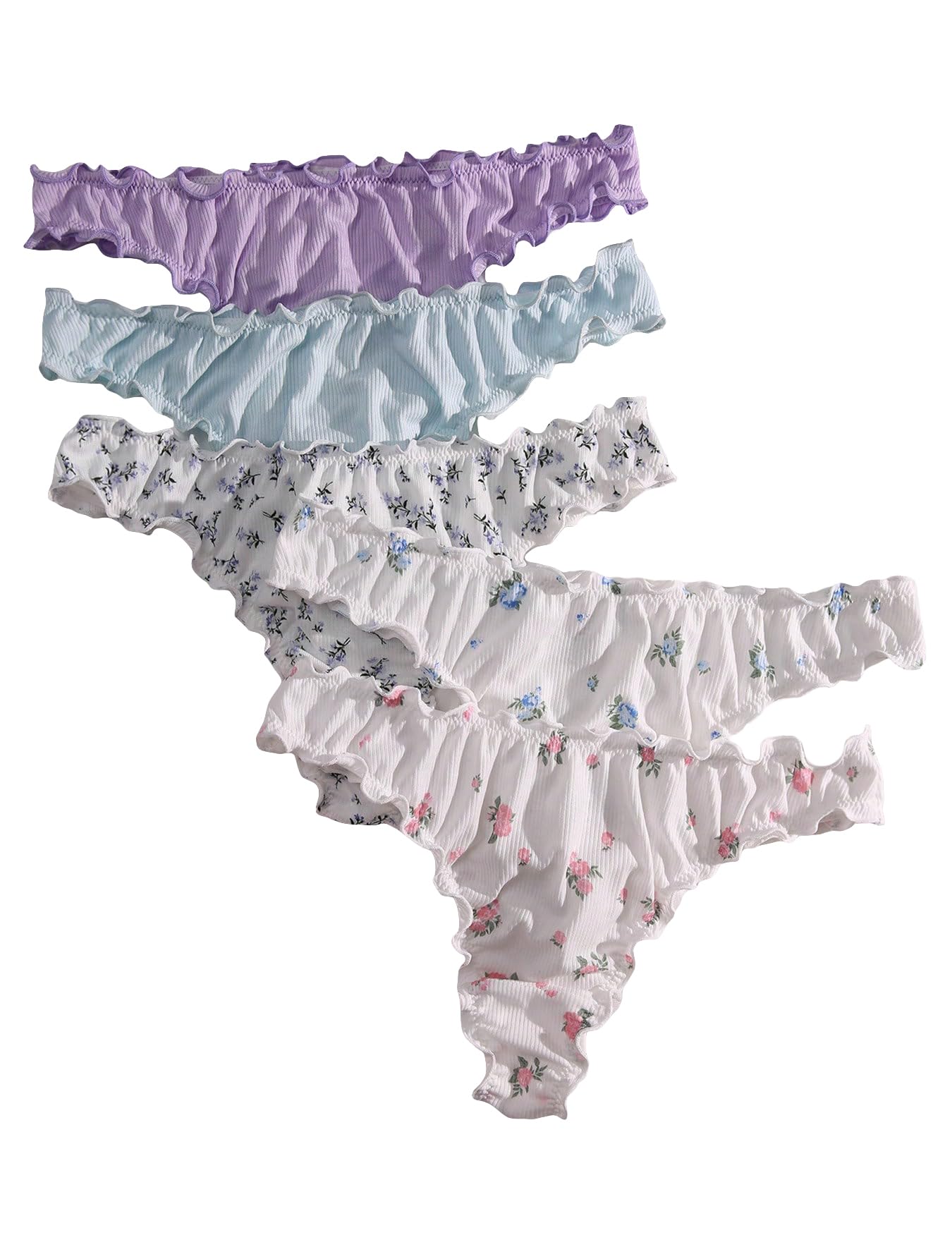 Women's 5pack Floral Print Low Rise Panty Set Frill Trim Textured Soft Underwear