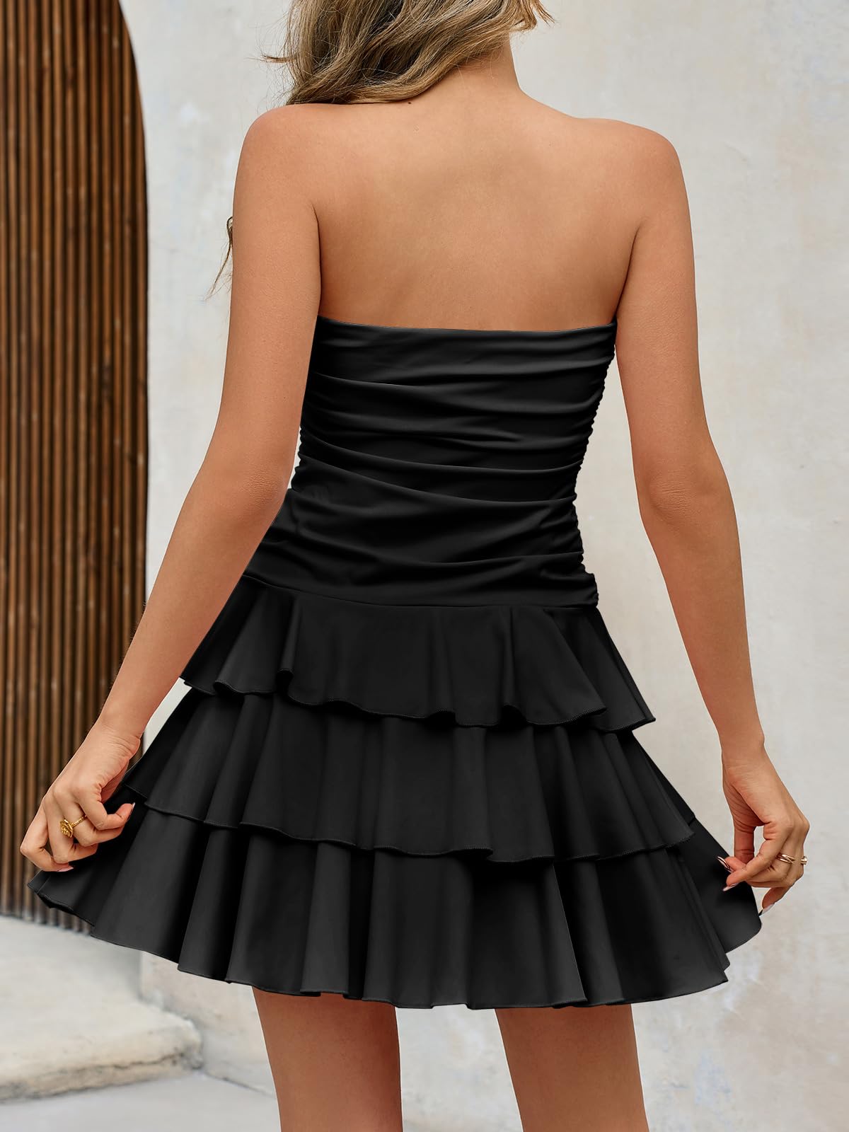 Sexy Tube Mini Dress Slim Ruched Bow Ruffle Tiered Y2K