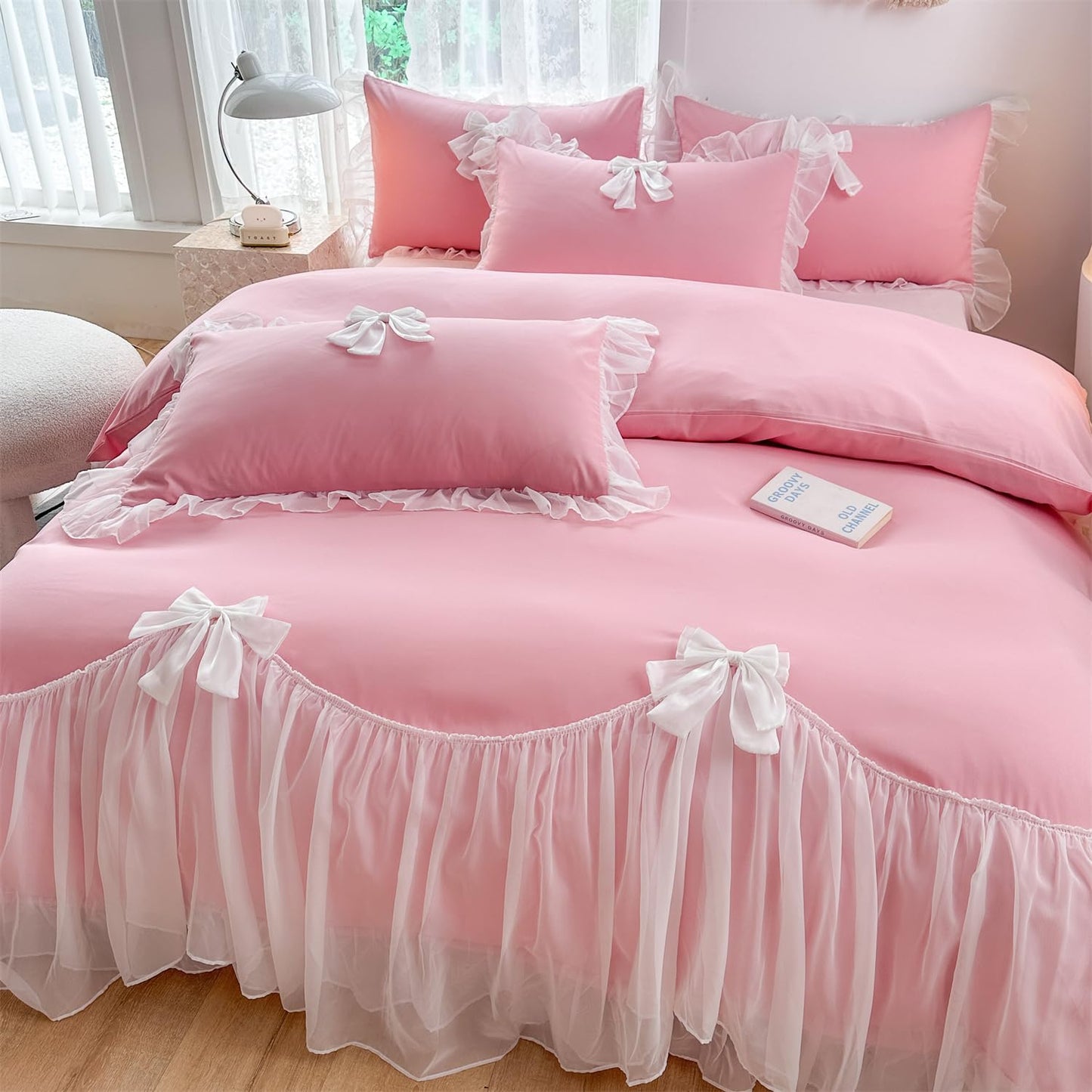 Princess Style Lace Bedding Comforter Cover Set, Chic Ruffled Duvet Cover with Lovely Bow, 1 Duvet Cover with 2 Pillowcases, No Comforter