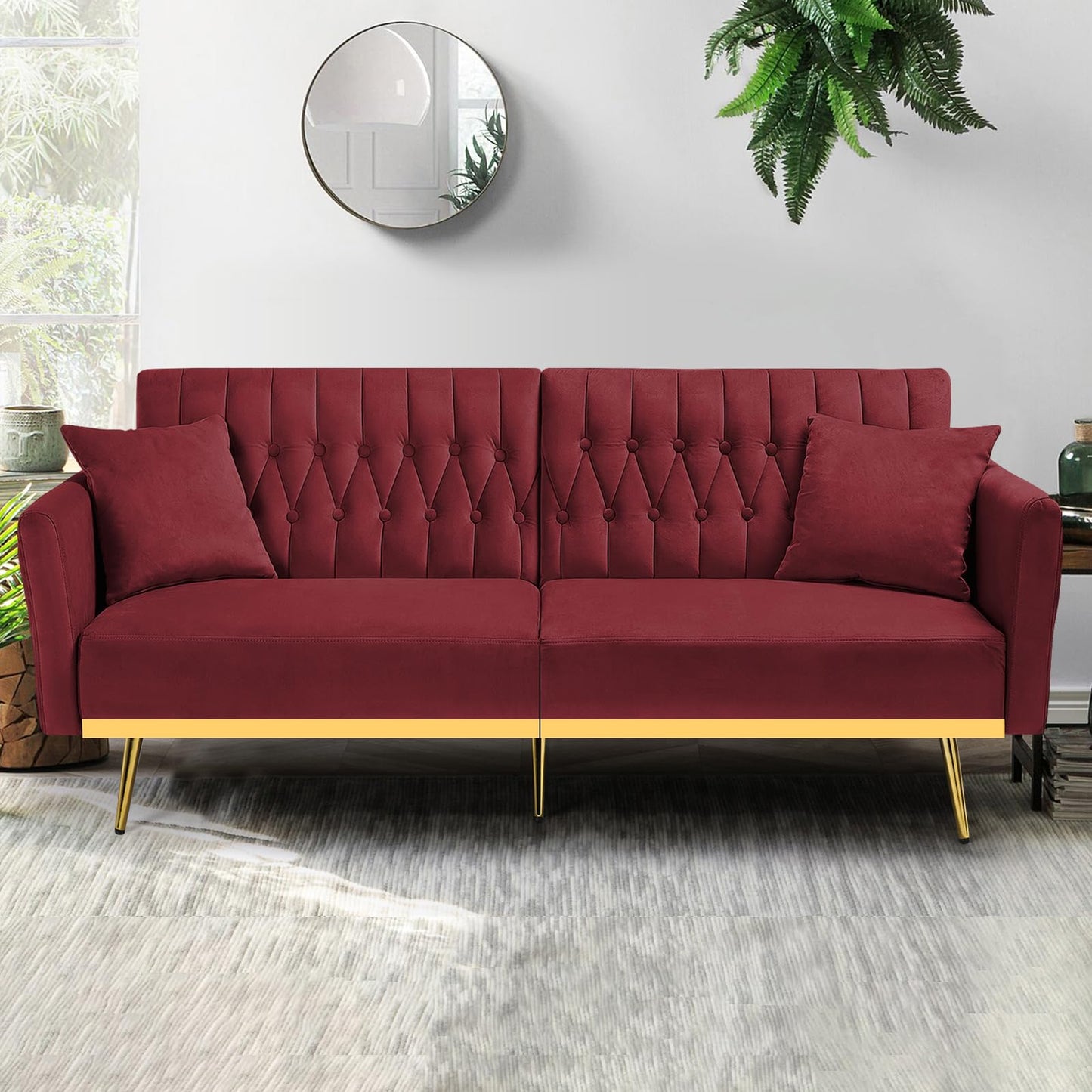 Velvet Futon Sofa Bed with 2 Pillows and Adjustable Armrests, 70”