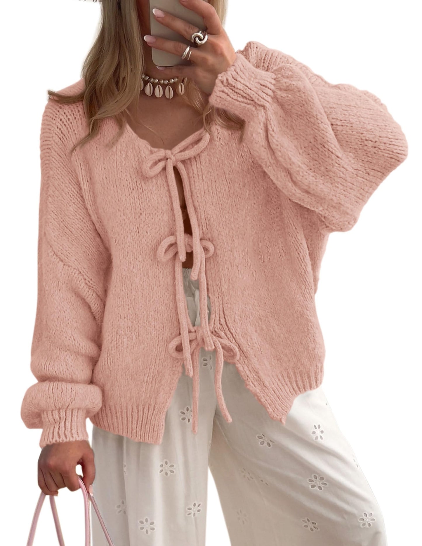 Women's Tie Front Bow Cardigan Sweaters Chunky Knit Long Puff Sleeve