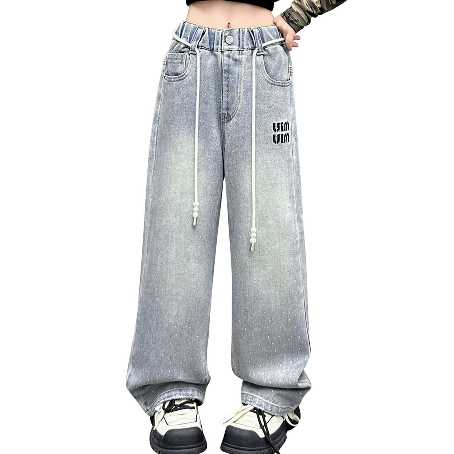 Girls Jeans Denim Elastic Wasit Wide Leg Baggy Pants