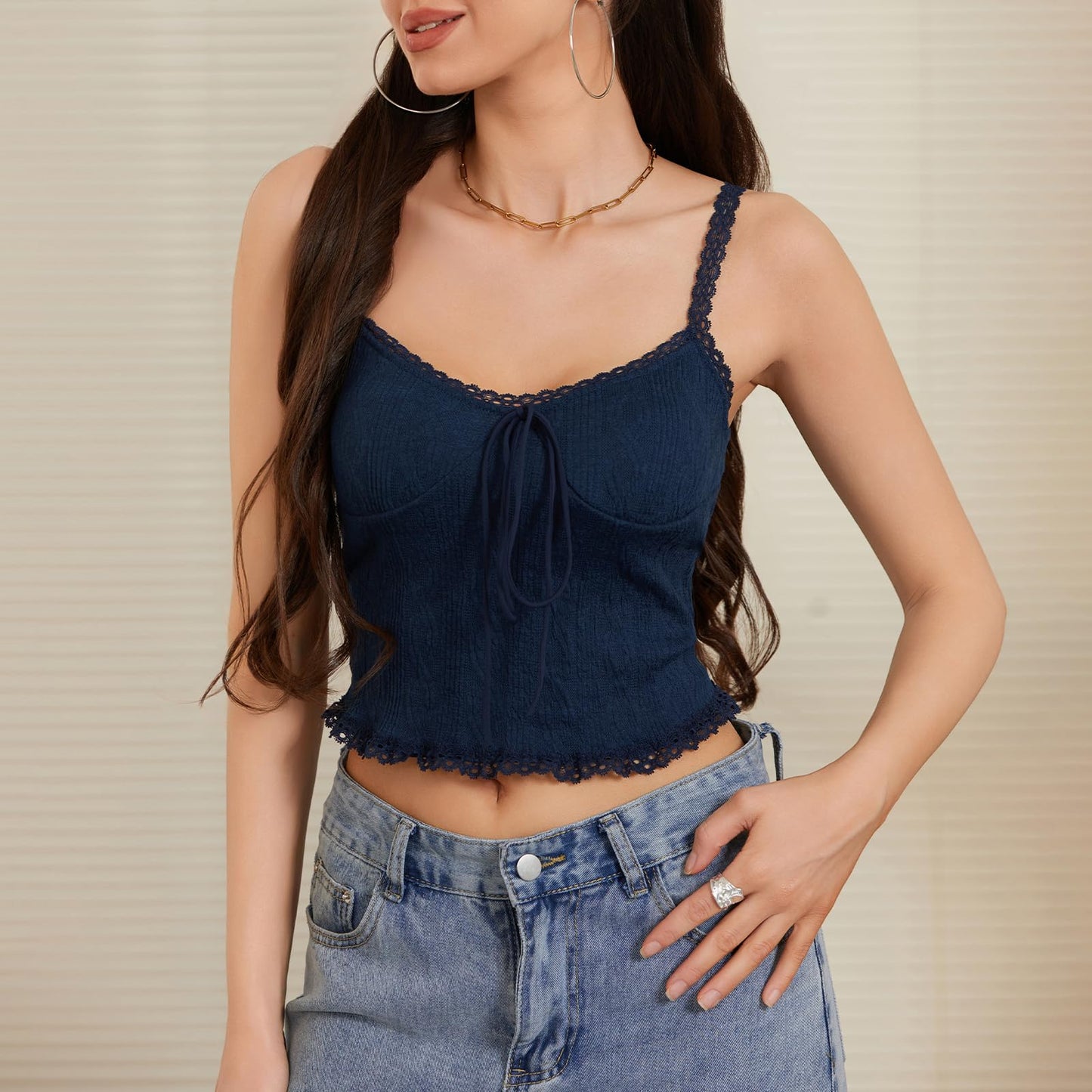 Women Y2k Lace Trim Crop Tank Top Spaghetti Strap