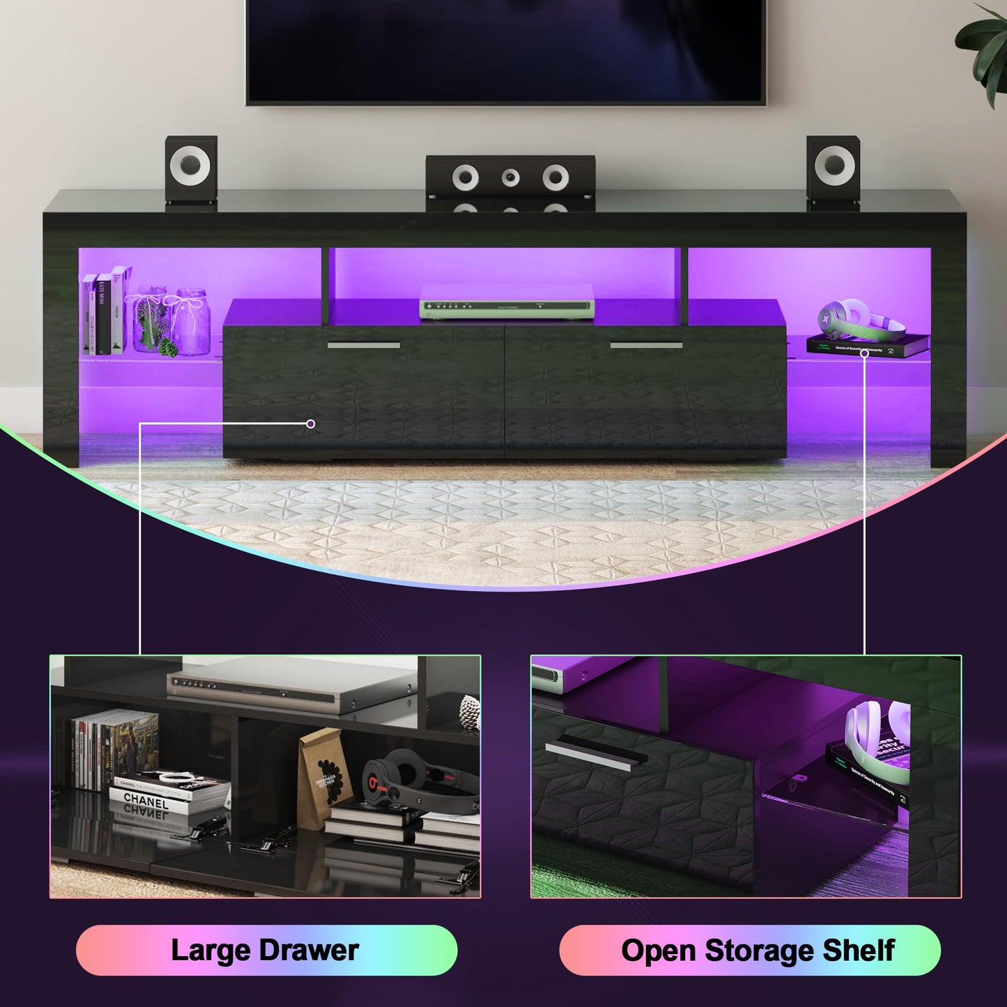 LED TV Stand with Large Storage Drawer -  Modern High Gloss TV Console Table with Entertainment Center