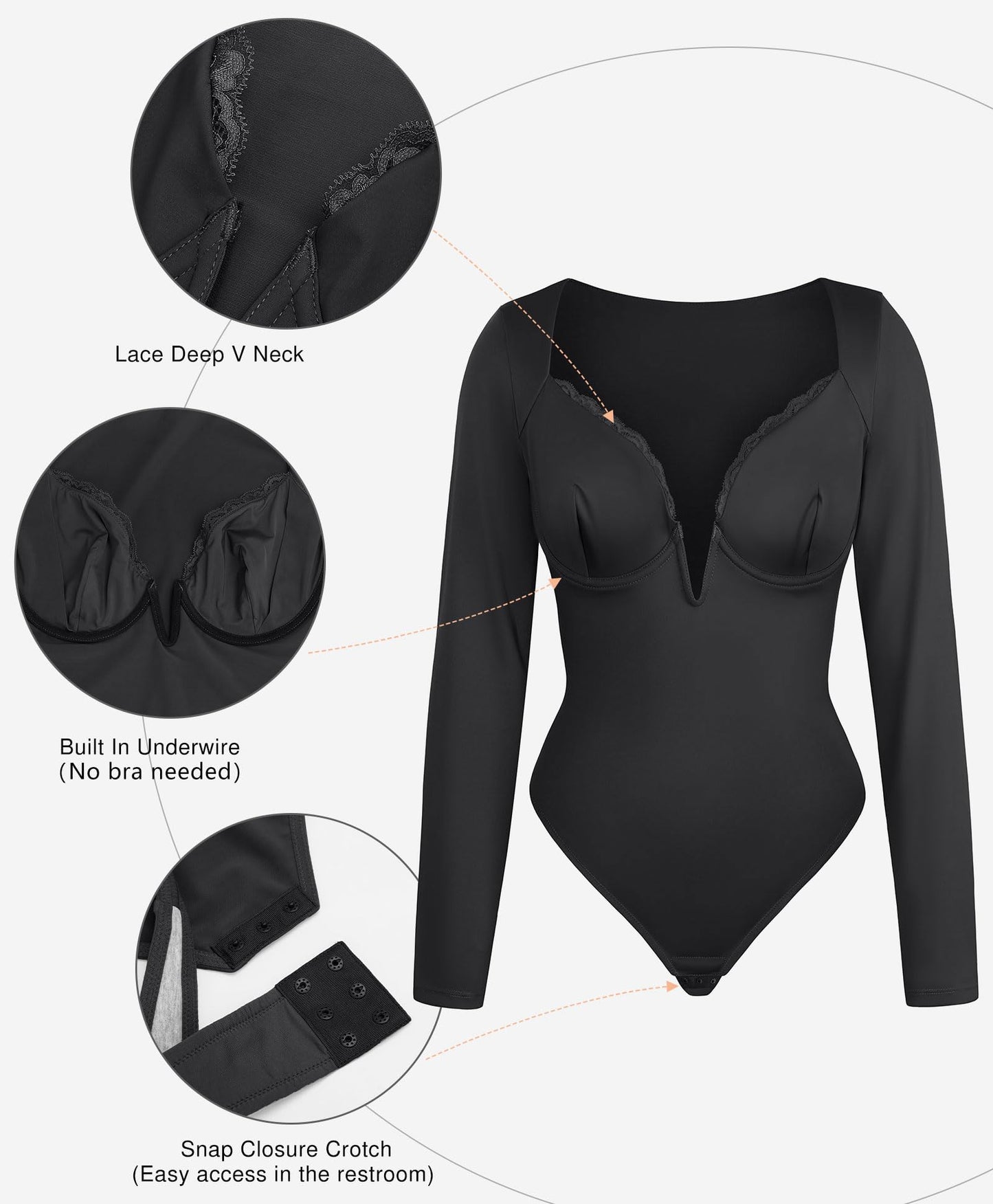 Lace Shapewear Bodysuit Long Sleeve Body suits -  Deep V Neck Tummy Control Corset Top