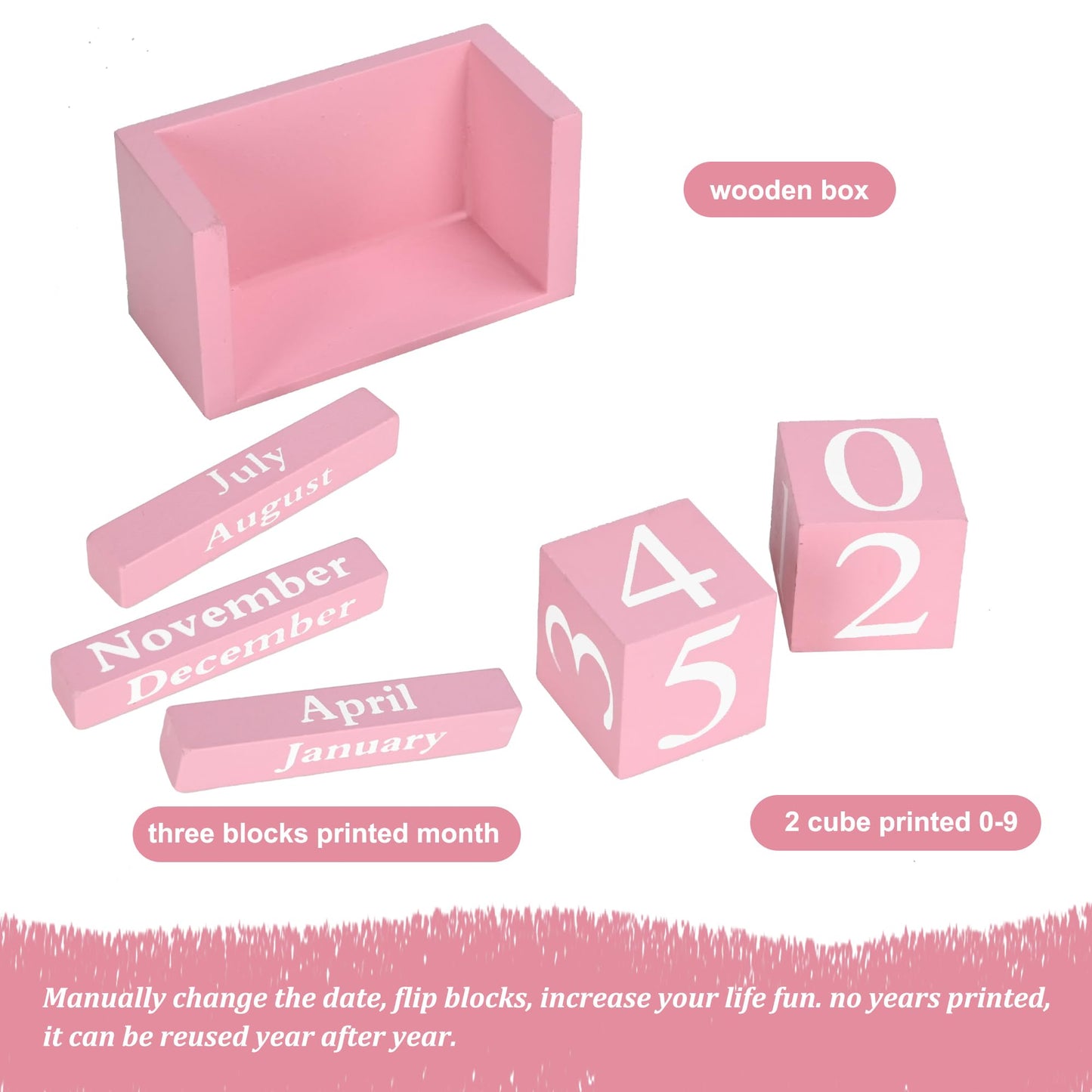 Pink Wooden Perpetual Block Calendar for Desk,