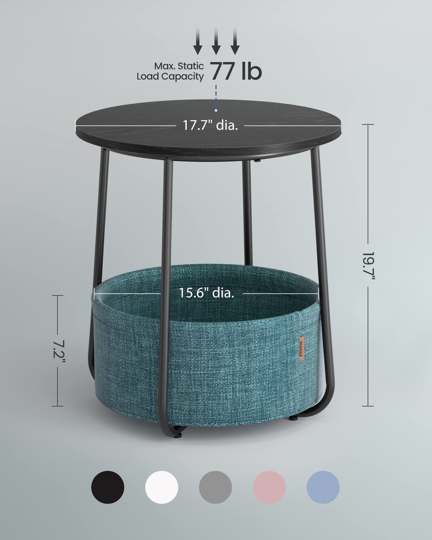 Small Bedside Table with Fabric Basket, Modern Nightstand, Round Side Table