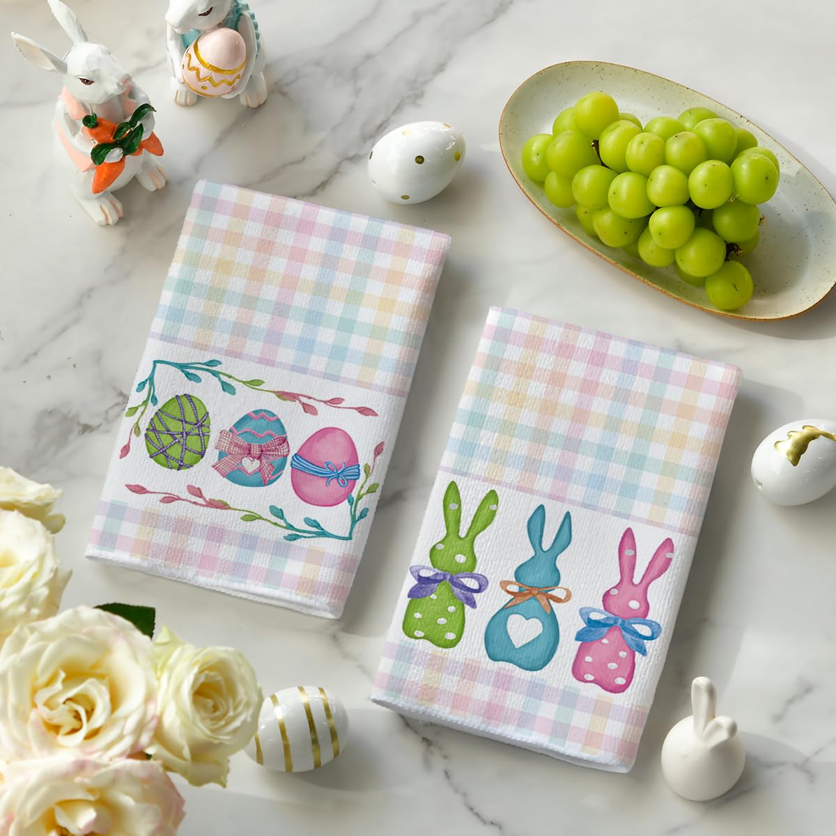 Stripe Rabbit Bunny Eggs Easter Kitchen Towels Dish Towels, Set of 2