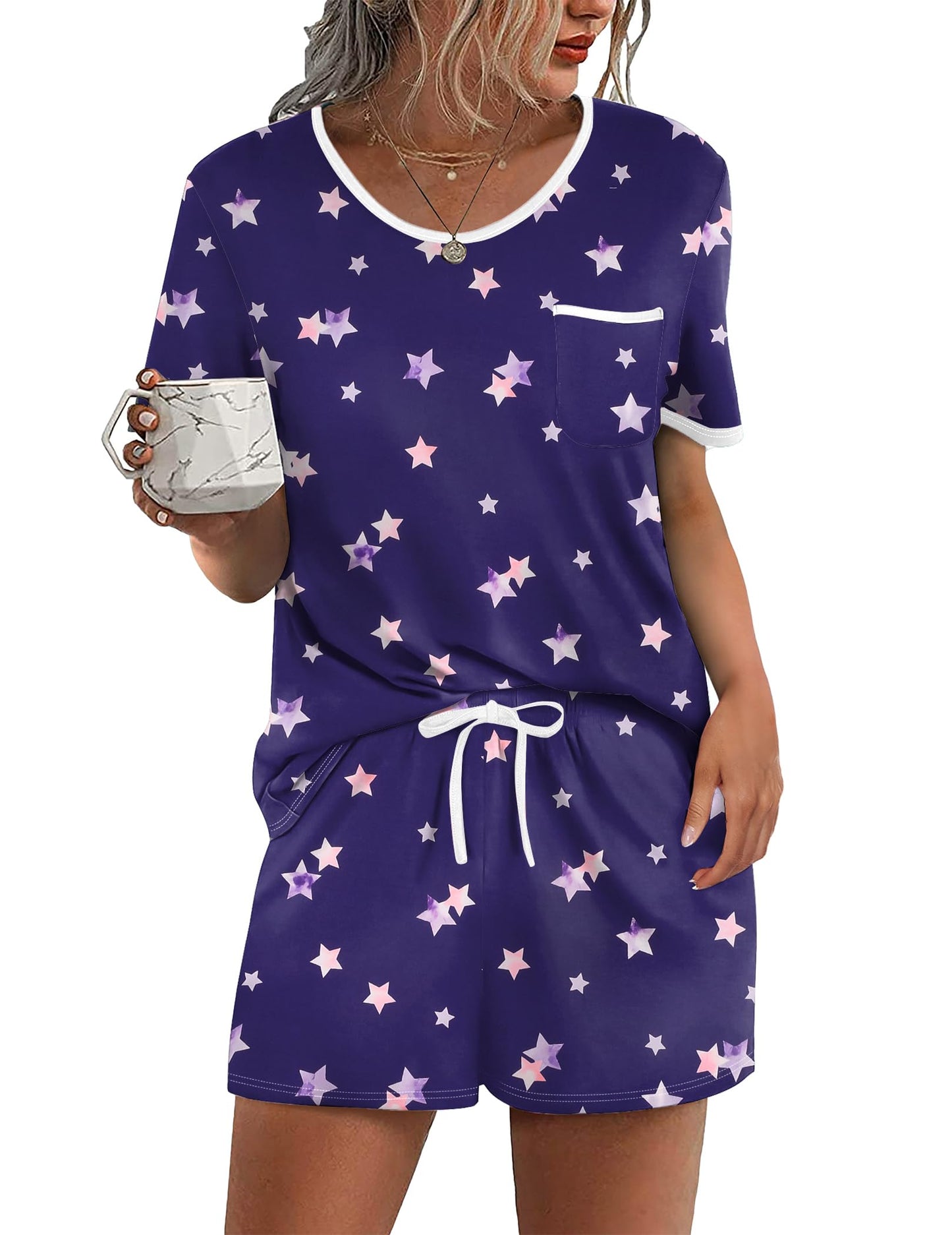 Pajama Set for 2 Piece Lounge Set Short Sleeve Tops and Shorts Soft Sleepwear, Chest Pocket