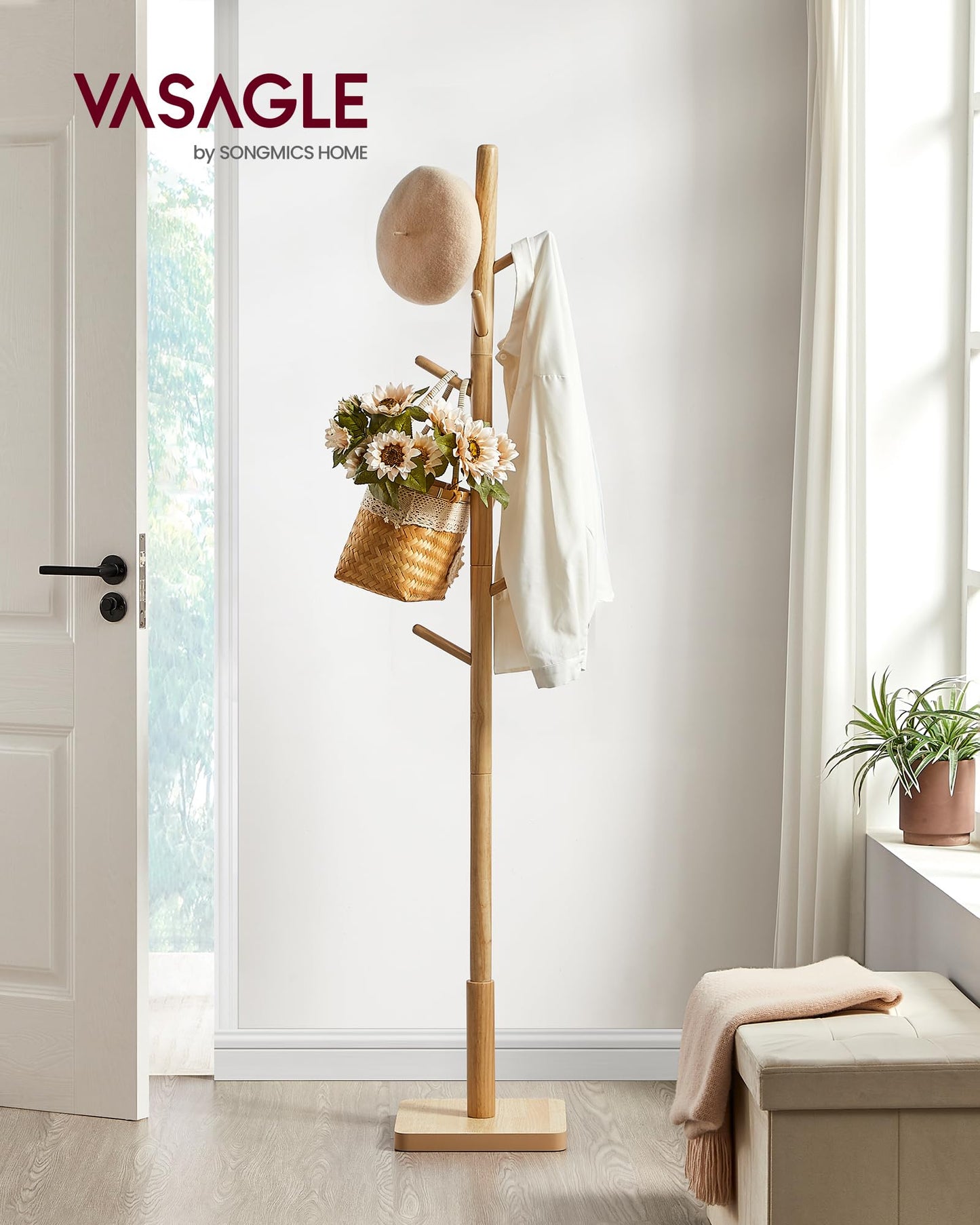 Solid Wood Coat Rack – Free-Standing Tree with 8 Hooks, Adjustable Height for Coats, Hats, and Bags