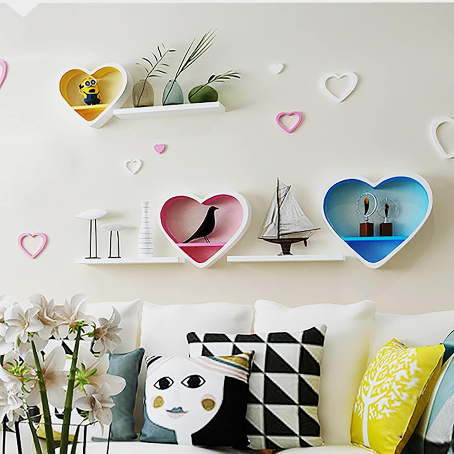 Set of 3 Heart-Shaped Floating Shelves – Kawaii Wood Wall Decor for Bedroom, Bathroom & Living Room