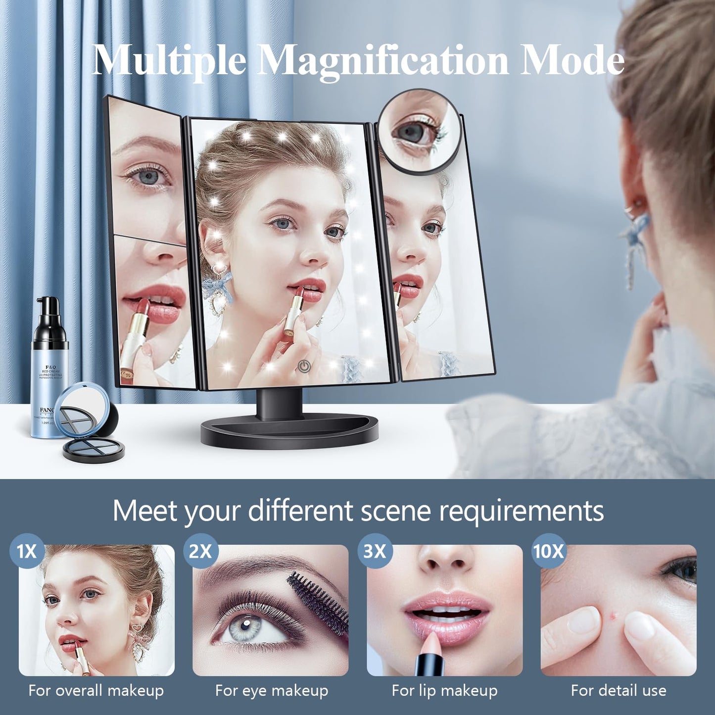 Makeup Mirror Vanity with Lights, 2X 3X 10X Magnification, Lighted Mirror, Touch Control, Trifold Dual Power Supply, Portable LED